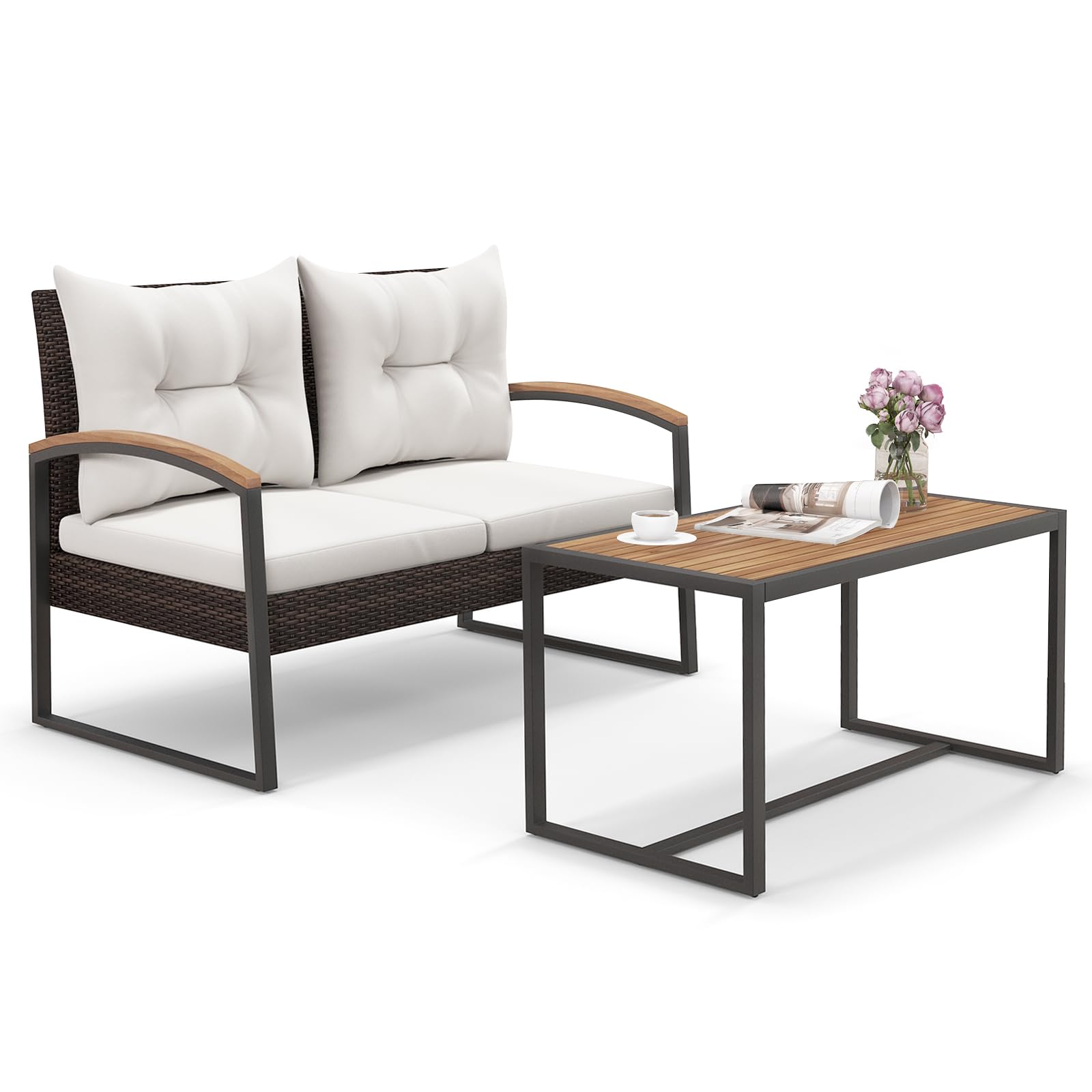 Tangkula 2 Piece Patio Furniture Set, Outdoor Loveseat Chair Set with Seat Back Cushions & Waist Pillows, Tempered Glass Coffee Table, Heavy-Duty Metal Sofa Set for Yard Garden Balcony Poolside