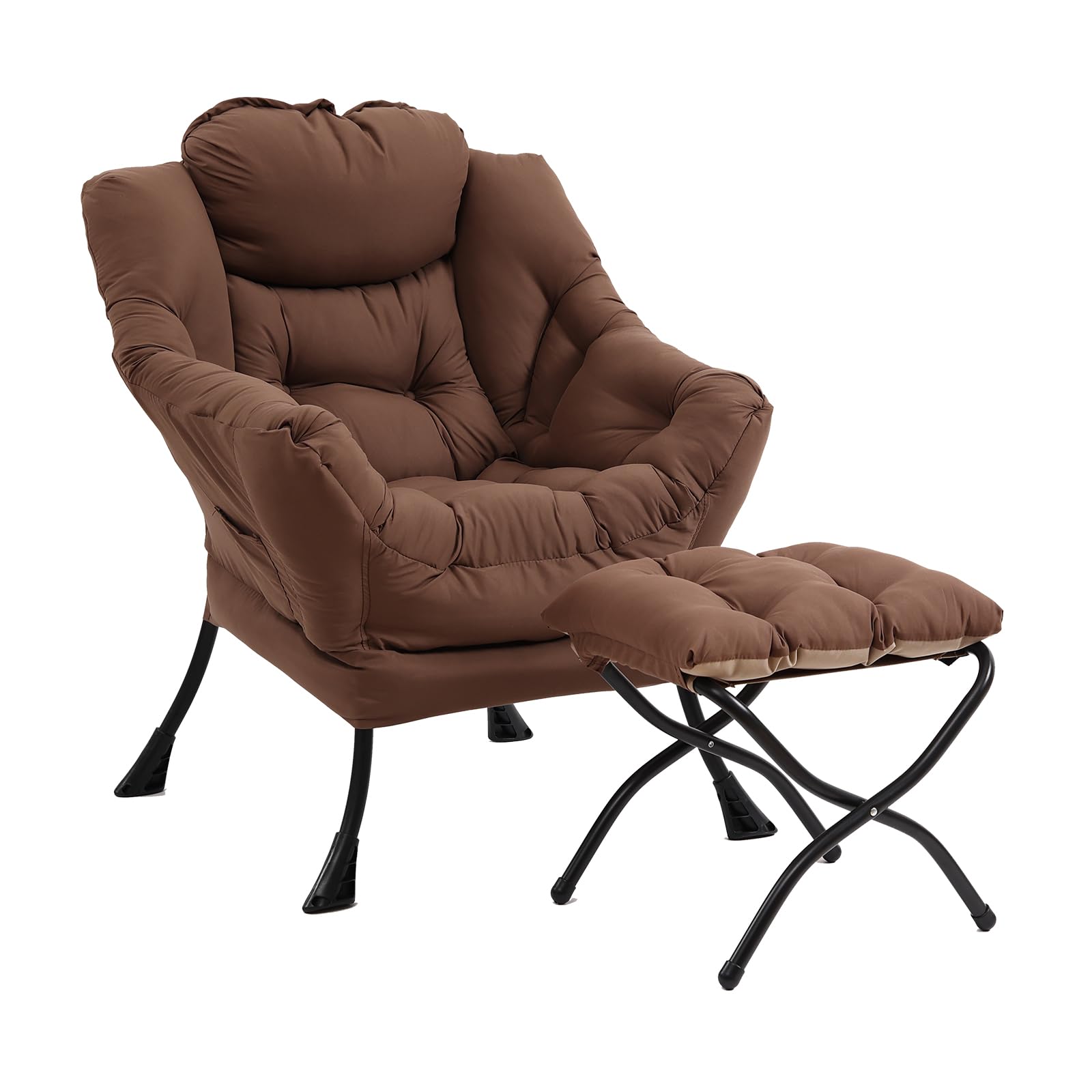 Furlide Lazy Chair with Ottoman, Modern Accent Chair with Armrests and a Side Pocket, Black Accent Chairs, Reading Chairs, Oversized Armchairs for Bedroom, Study, Living Room, Courtyard