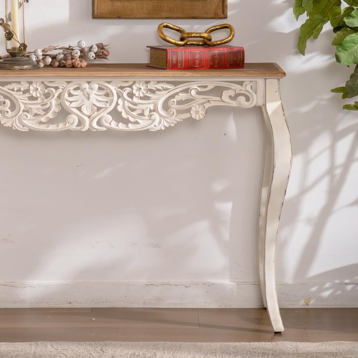 43.31” Vintage Antique Console Table, Weathered Wash Vintage French Country Entry Table with Wood Carvings for Hallway, Living Room, Victorian Style, Natural Wood