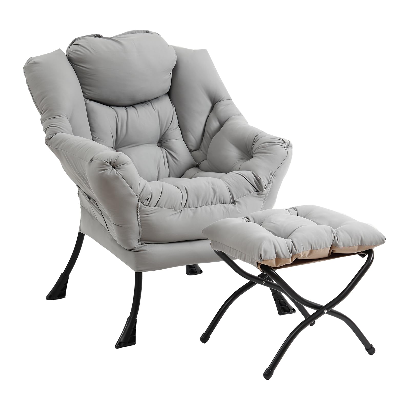 Furlide Lazy Chair with Ottoman, Modern Accent Chair with Armrests and a Side Pocket, Black Accent Chairs, Reading Chairs, Oversized Armchairs for Bedroom, Study, Living Room, Courtyard