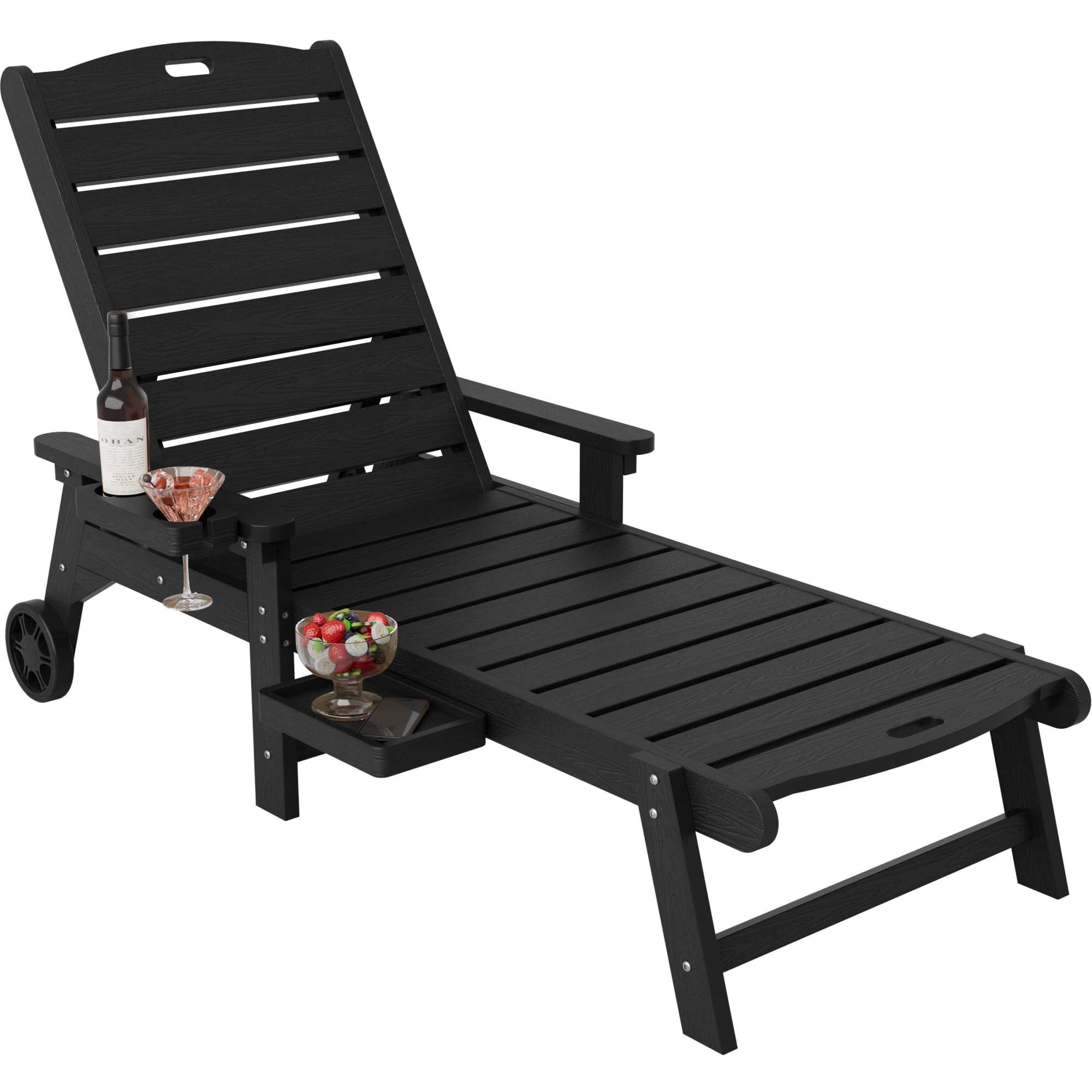 YEFU Lounge Chair Outdoor Set of 2: Outdoor Chaise Lounge with 5-Level Adjustable Backrest, Cup Holders & Wheels, All-Weather Resistance Chaise Lounge for Outside/Patio/Beach/Deck, Black