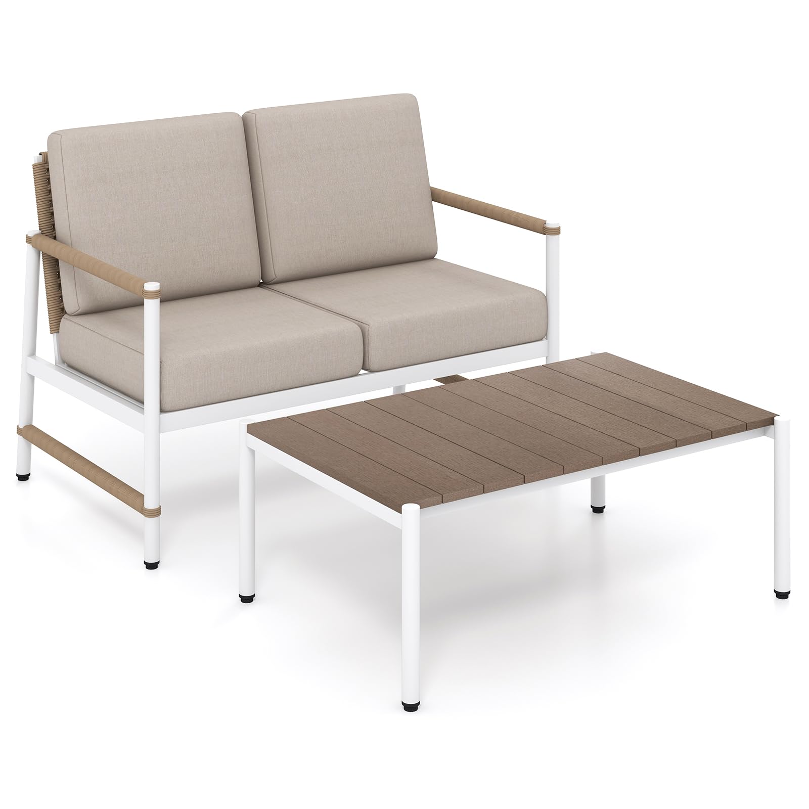 Tangkula 2 Piece Patio Furniture Set, Outdoor Loveseat Chair Set with Seat Back Cushions & Waist Pillows, Tempered Glass Coffee Table, Heavy-Duty Metal Sofa Set for Yard Garden Balcony Poolside