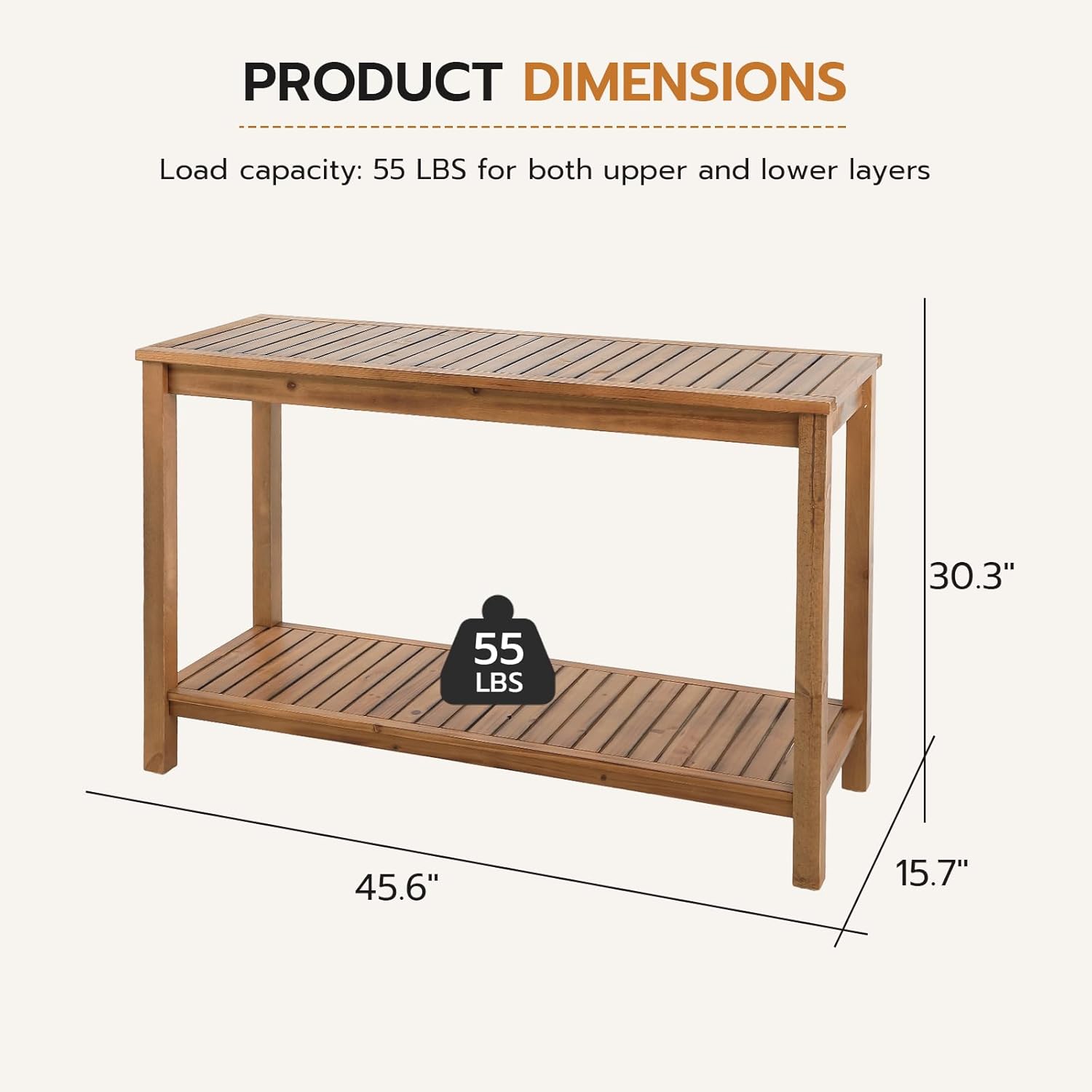 Patio Console Table 2 Shelf - 45'' Outdoor Rectangular Console Table Dining Table Long Bar Table Wooden for Backyard, Balcony, Poolside (Brown)