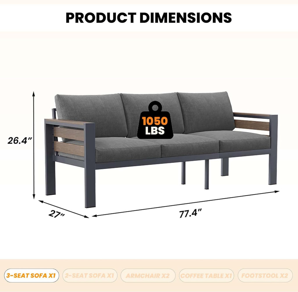 DoCred Aluminum Patio Furniture Set, 3-Seat Metal Sofa for Patio Conversation Set, Outdoor Sofa Set for Porch, Balcony, Deck, Yard, Poolside