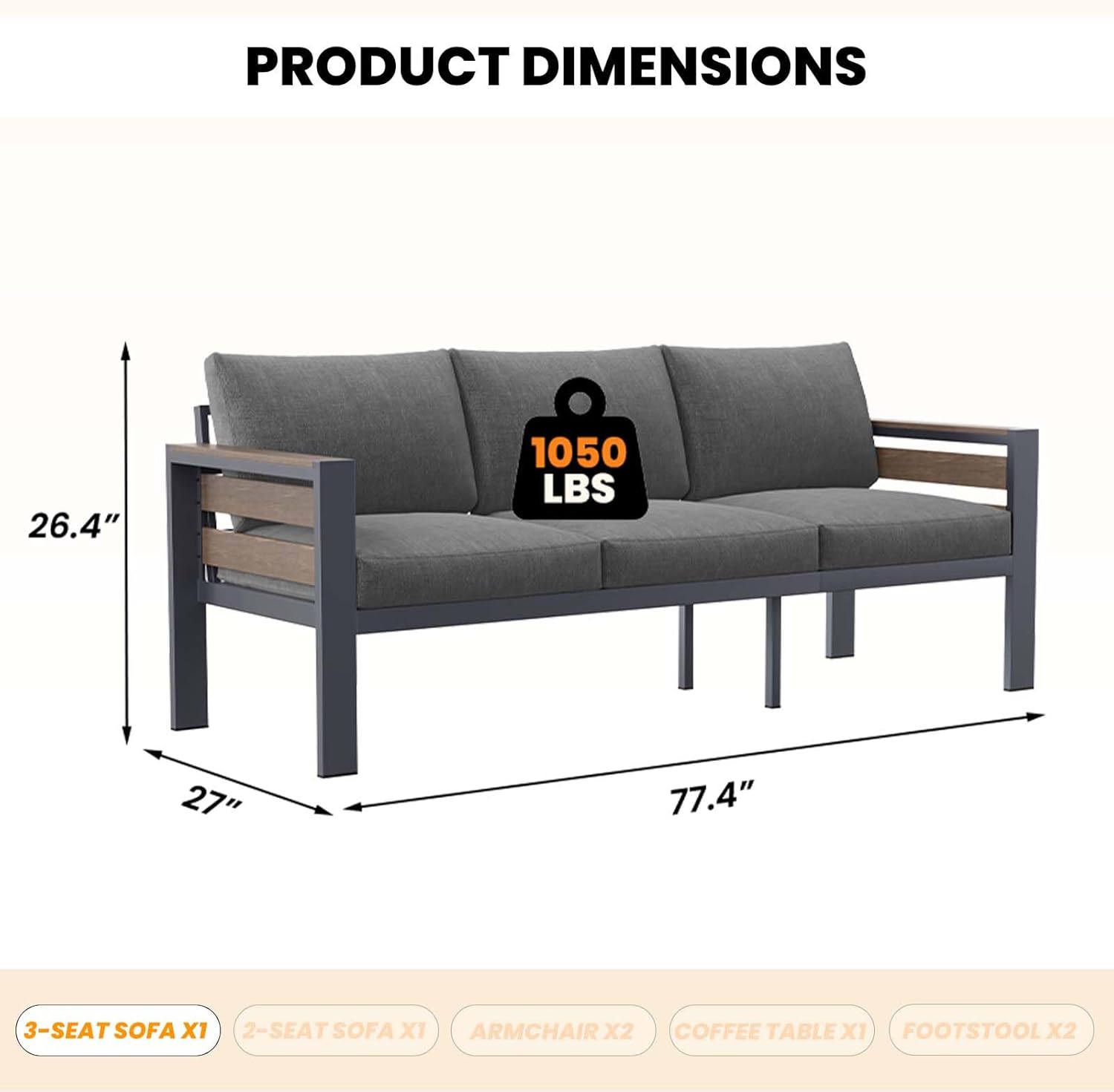 DoCred Aluminum Patio Furniture Set, 3-Seat Metal Sofa for Patio Conversation Set, Outdoor Sofa Set for Porch, Balcony, Deck, Yard, Poolside