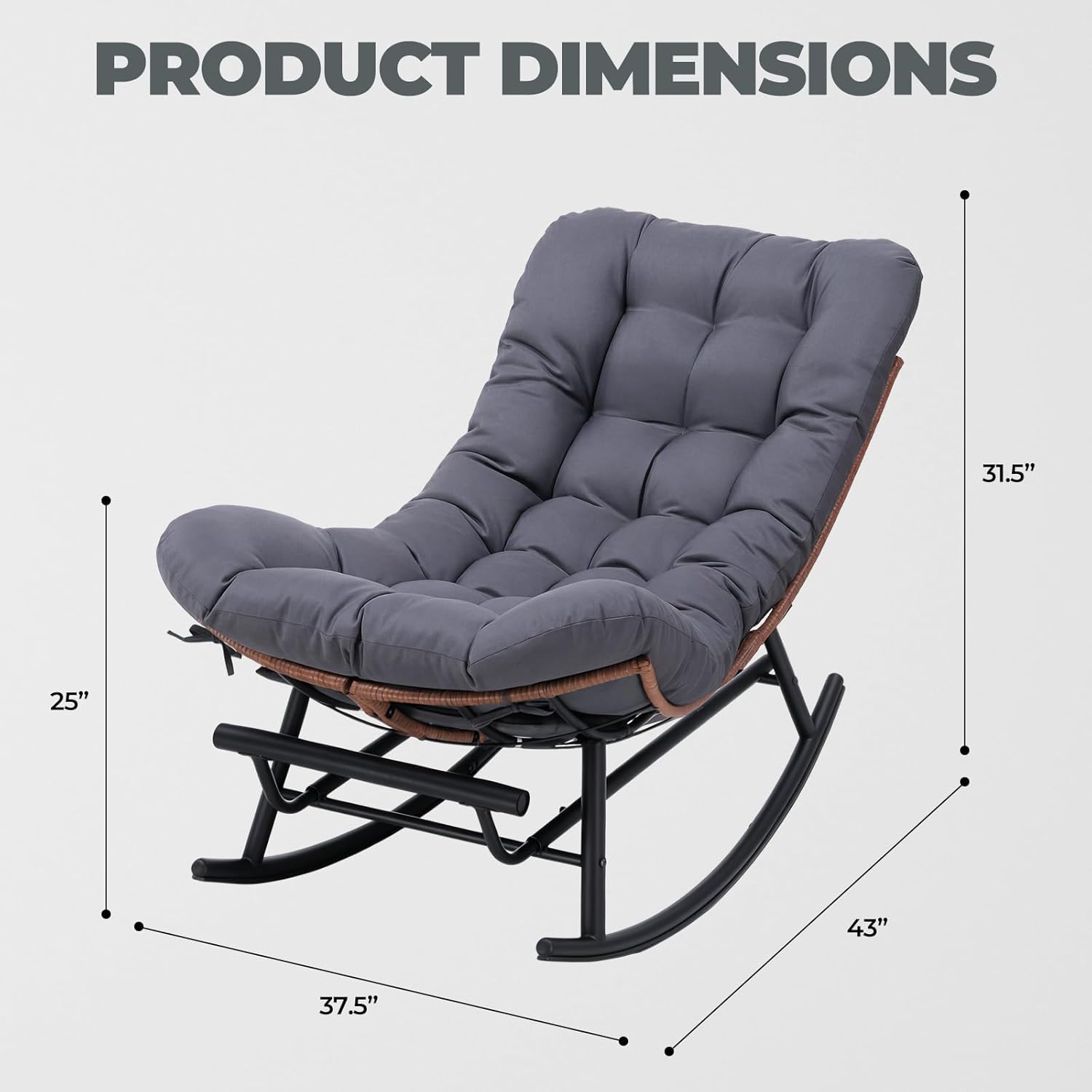 COMHOMA Outdoor Rocking Papasan Chair, Oversized Wicker Patio Rocker, Indoor Comfy Wicker Reading Lounge, Bed-Like Comfort Egg Chair for Bedroom,Balcony, Porch, Garden, Grey