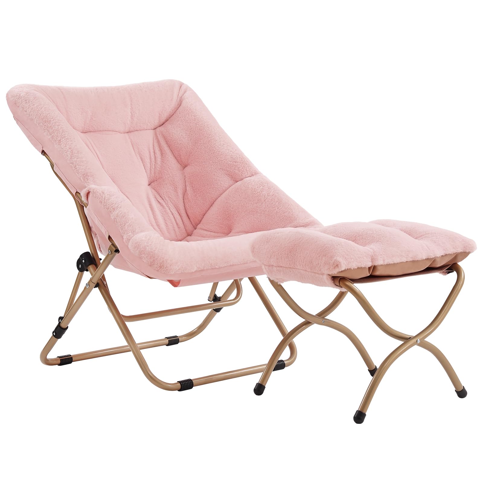 Tiita Folded Chair with Ottoman, Soft Faux Fur Oversized Folding Accent Chair,Lazy Chair, Metal Frame Moon Chair for Bedroom, Living Room, Dorm Rooms, Garden and Courtyard