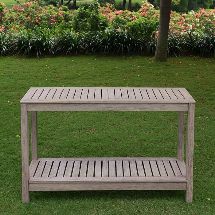 Solid Mahogany Outdoor Console Table – Weathered Gray Finish – Narrow Rustic Patio Accent Table for Porch, Deck, or Garden