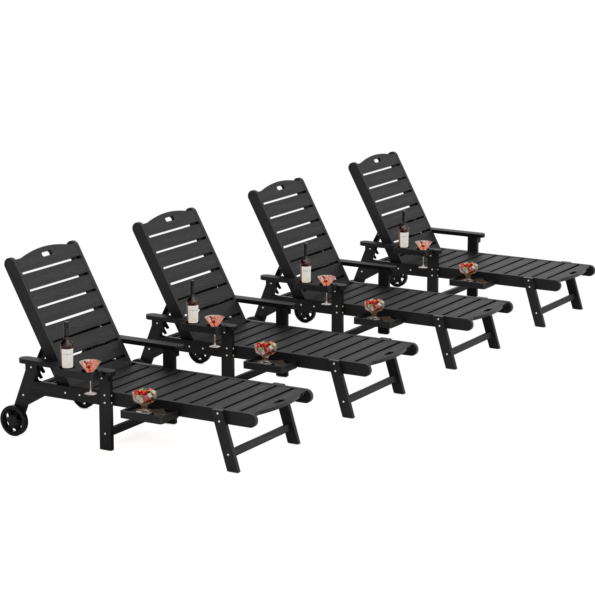 YEFU Lounge Chair Outdoor Set of 2: Outdoor Chaise Lounge with 5-Level Adjustable Backrest, Cup Holders & Wheels, All-Weather Resistance Chaise Lounge for Outside/Patio/Beach/Deck, Black