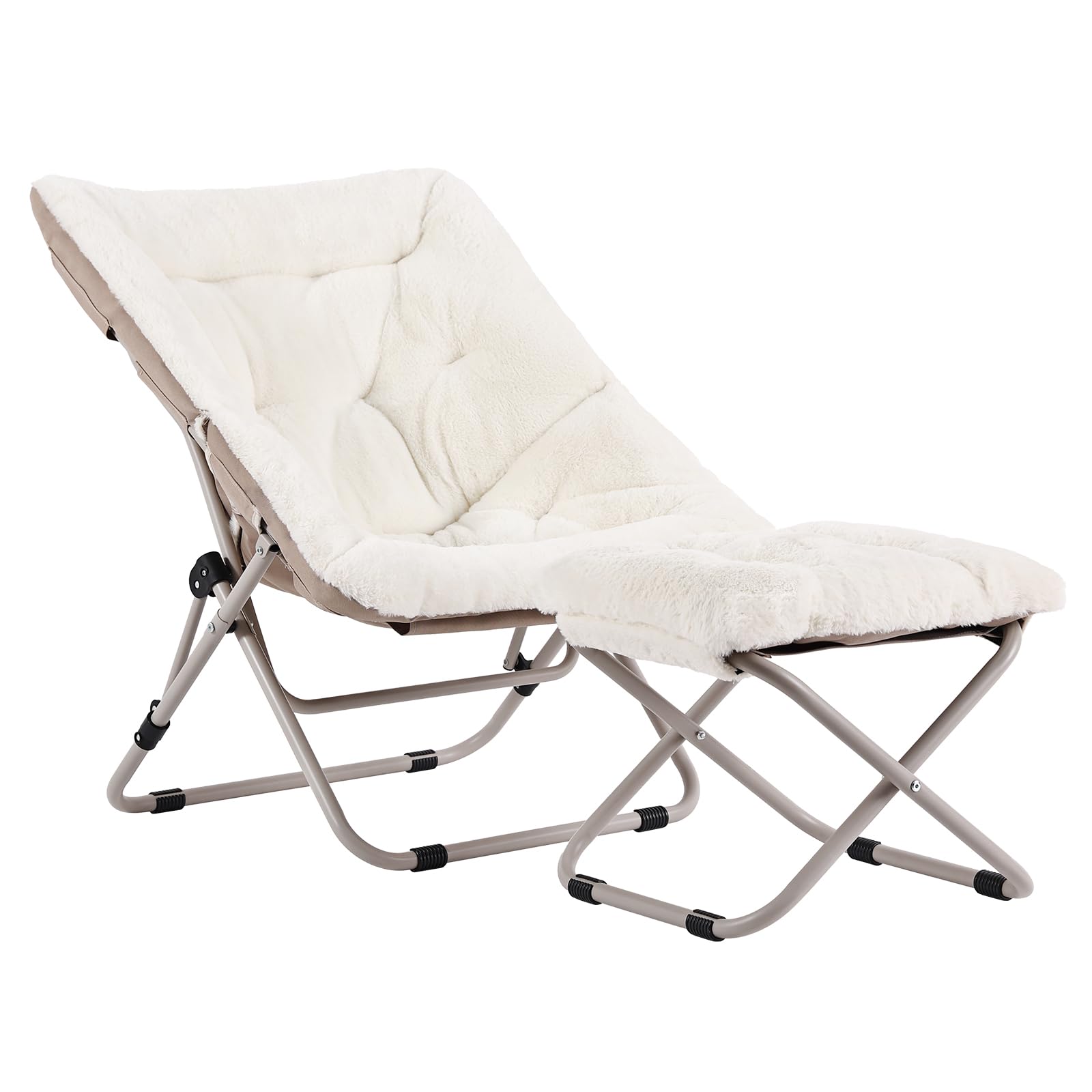 Tiita Folded Chair with Ottoman, Soft Faux Fur Oversized Folding Accent Chair,Lazy Chair, Metal Frame Moon Chair for Bedroom, Living Room, Dorm Rooms, Garden and Courtyard
