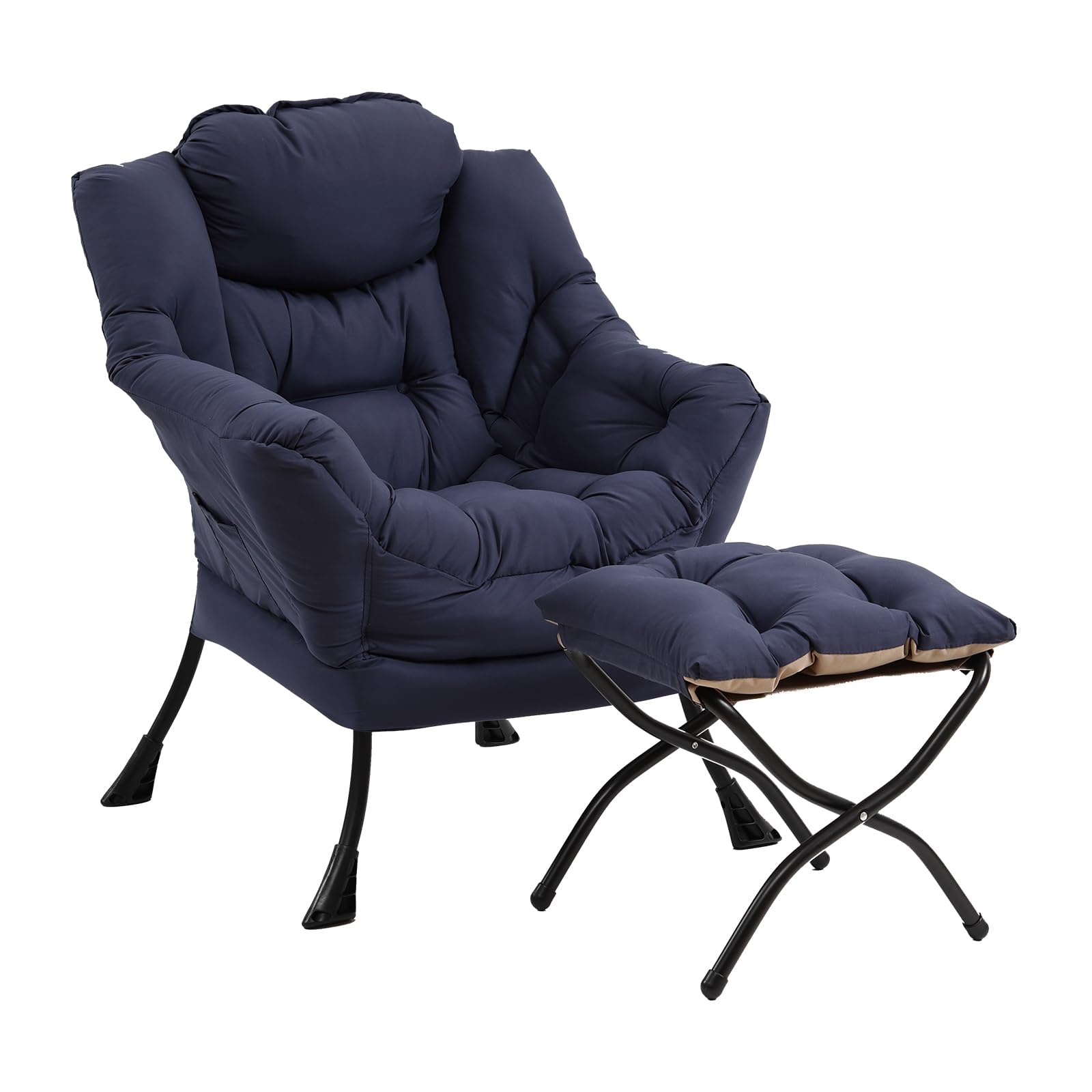 Furlide Lazy Chair with Ottoman, Modern Accent Chair with Armrests and a Side Pocket, Black Accent Chairs, Reading Chairs, Oversized Armchairs for Bedroom, Study, Living Room, Courtyard