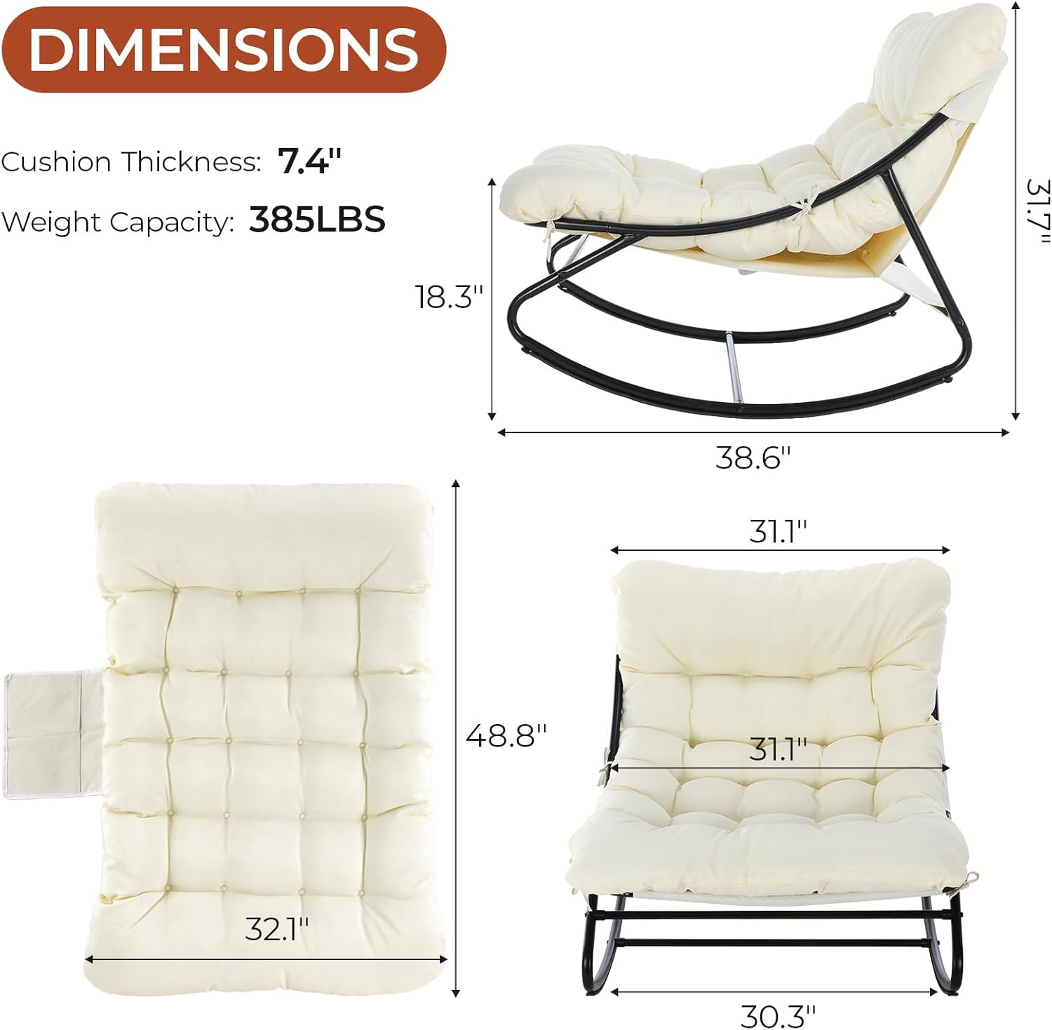 TLSUNNY Outdoor Papasan Rocking Chair, Lounge Chair with Cushion & Sturdy Metal Frame, Patio Rocker Chair for Balcony Backyard Porch Bedroom (1, Beige)