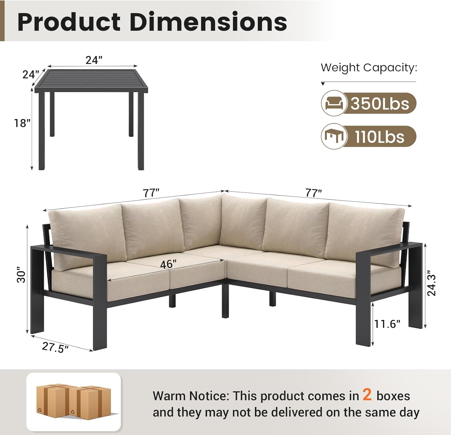 UDPATIO 6 Piece Patio Furniture Set, Metal Outdoor Sectional Sofa with 6" Thick Olefin Cushions, Wide Armrest & Coffee Table, L Shaped Outdoor Furniture for Garden, Backyard Beige