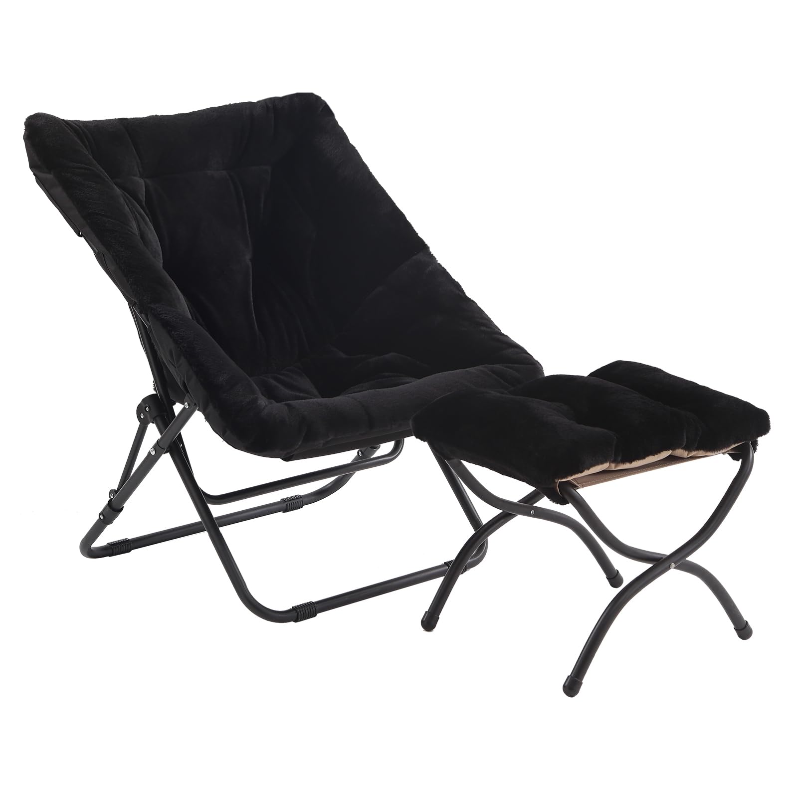 Tiita Folded Chair with Ottoman, Soft Faux Fur Oversized Folding Accent Chair,Lazy Chair, Metal Frame Moon Chair for Bedroom, Living Room, Dorm Rooms, Garden and Courtyard