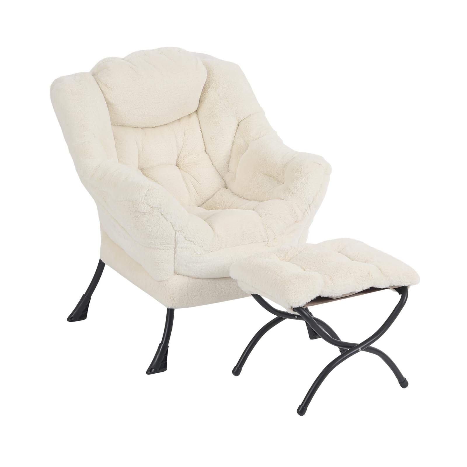 Furlide Lazy Chair with Ottoman, Modern Accent Chair with Armrests and a Side Pocket, Black Accent Chairs, Reading Chairs, Oversized Armchairs for Bedroom, Study, Living Room, Courtyard