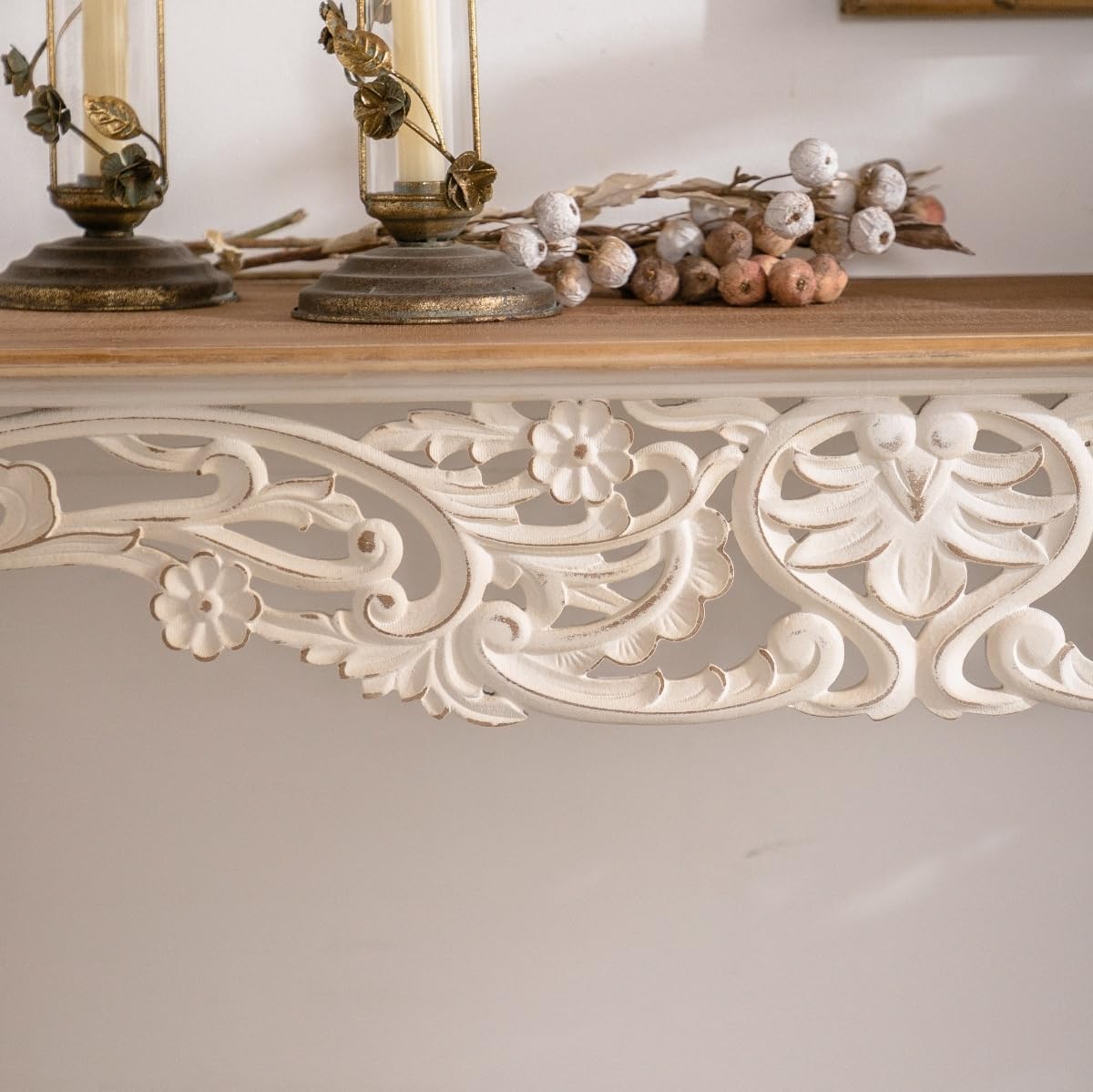 43.31” Vintage Antique Console Table, Weathered Wash Vintage French Country Entry Table with Wood Carvings for Hallway, Living Room, Victorian Style, Natural Wood