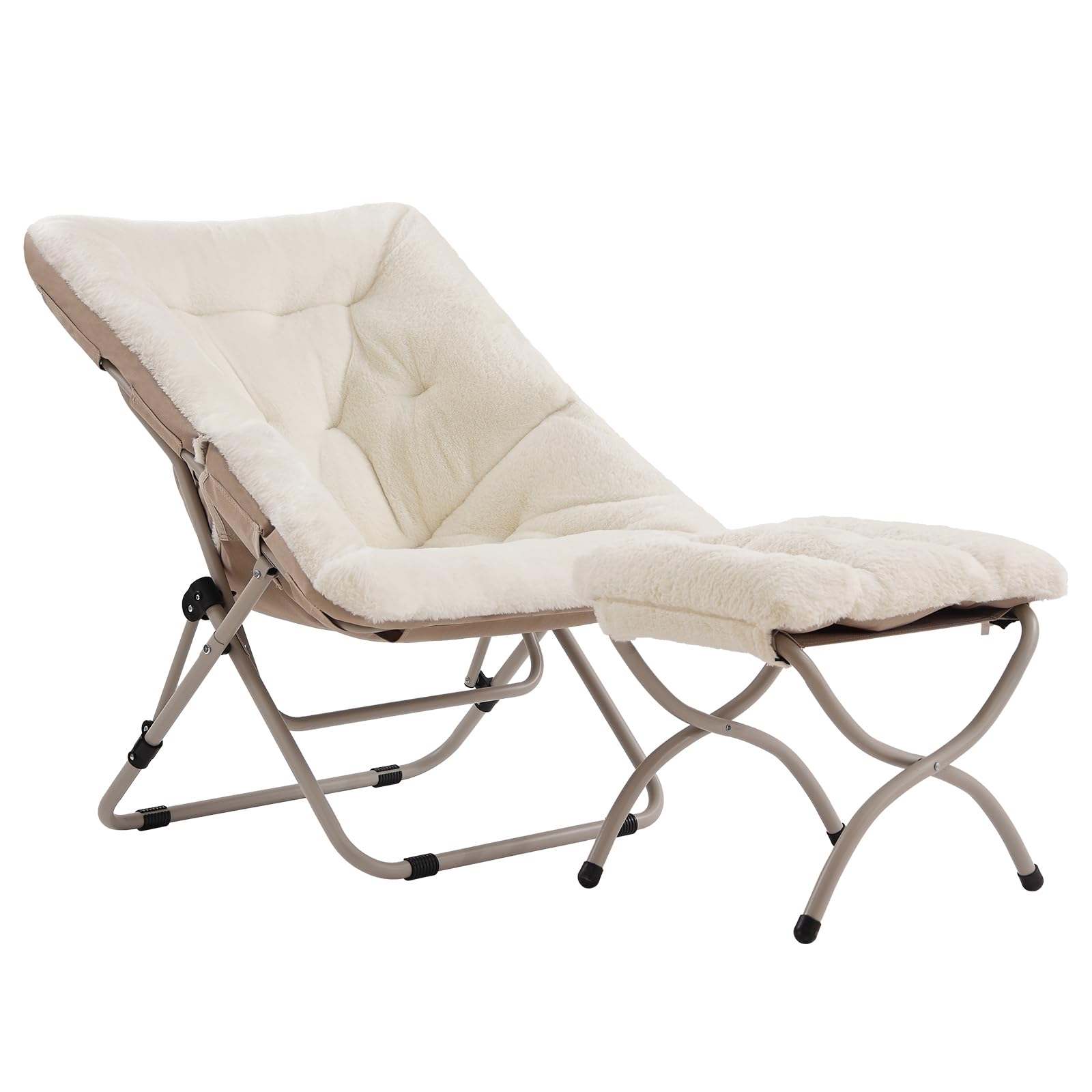Tiita Folded Chair with Ottoman, Soft Faux Fur Oversized Folding Accent Chair,Lazy Chair, Metal Frame Moon Chair for Bedroom, Living Room, Dorm Rooms, Garden and Courtyard