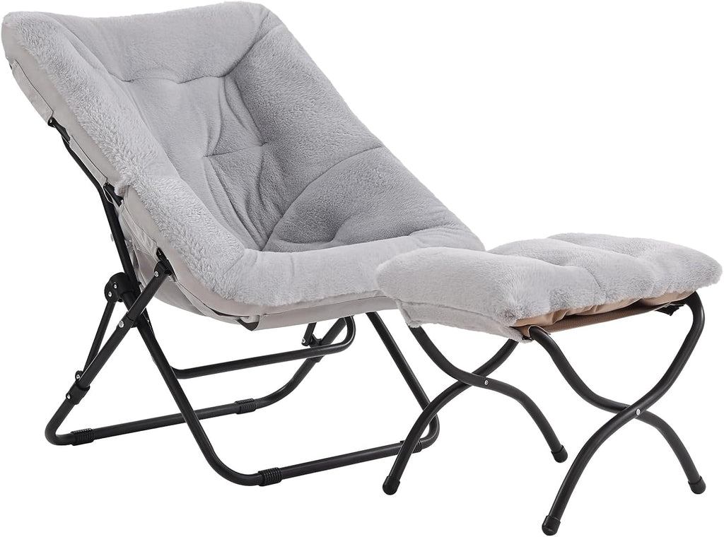 Tiita Folded Chair with Ottoman, Soft Faux Fur Oversized Folding Accent Chair,Lazy Chair, Metal Frame Moon Chair for Bedroom, Living Room, Dorm Rooms, Garden and Courtyard