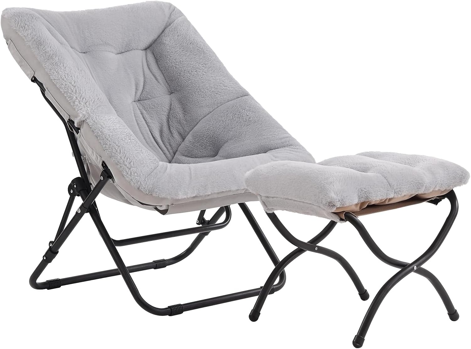 Tiita Folded Chair with Ottoman, Soft Faux Fur Oversized Folding Accent Chair,Lazy Chair, Metal Frame Moon Chair for Bedroom, Living Room, Dorm Rooms, Garden and Courtyard