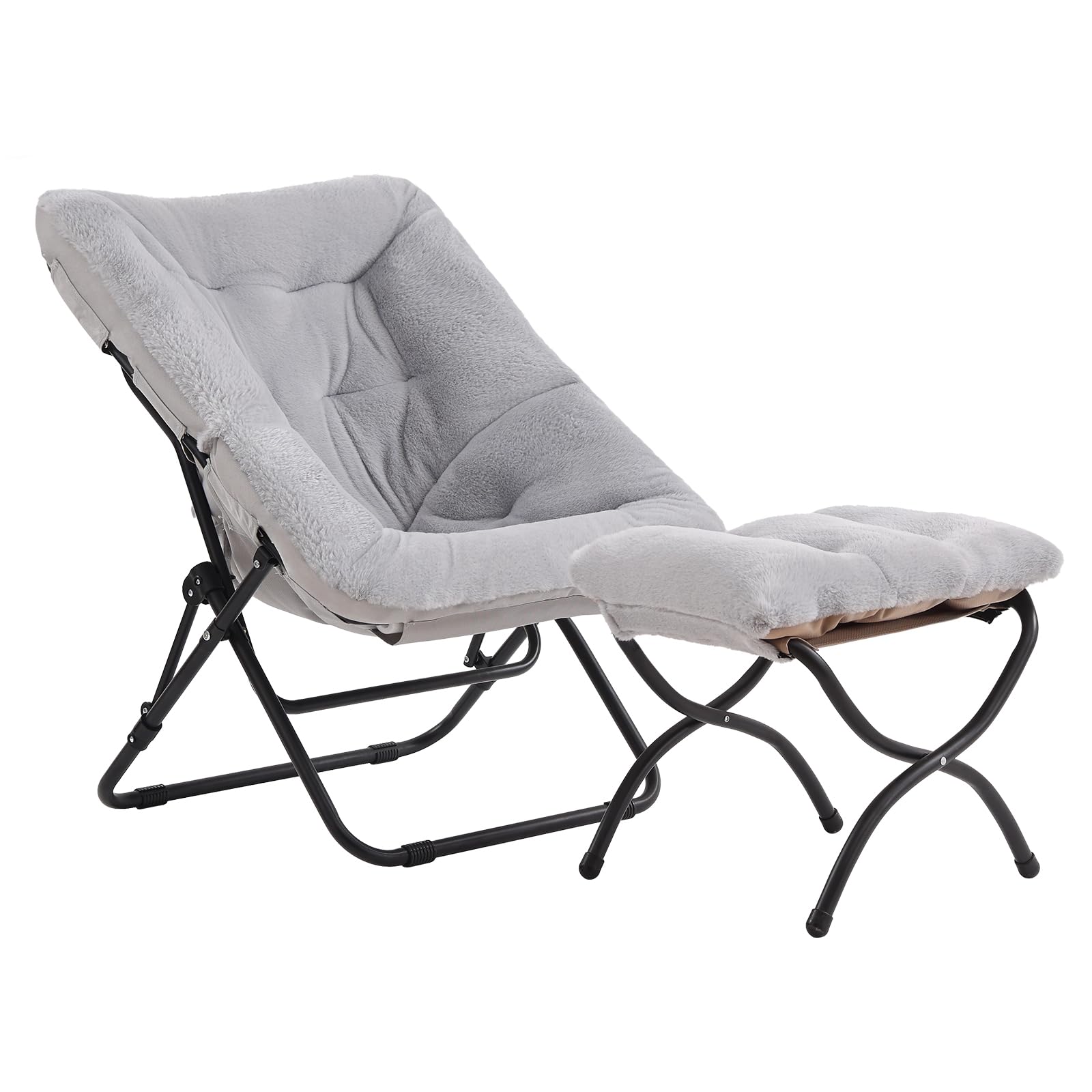 Tiita Folded Chair with Ottoman, Soft Faux Fur Oversized Folding Accent Chair,Lazy Chair, Metal Frame Moon Chair for Bedroom, Living Room, Dorm Rooms, Garden and Courtyard