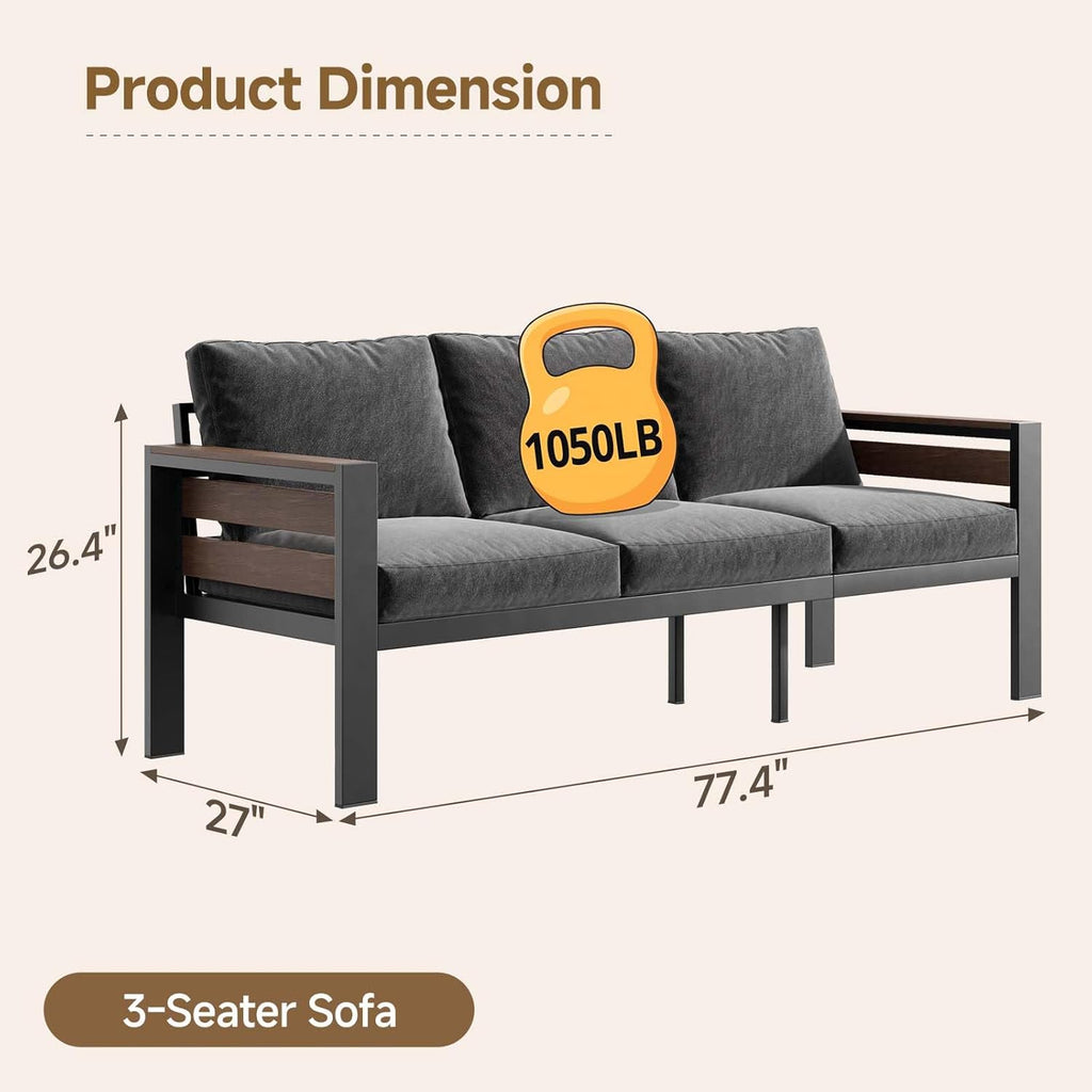 Outdoor Aluminum Patio Furniture Set, 3 Seat Rust-resistant Patio Conversation Sofa with Thick Washable Cushions and 15.2"H Supported Back, Oversized Metal Sectional Sofa Set for Backyard Porch Deck