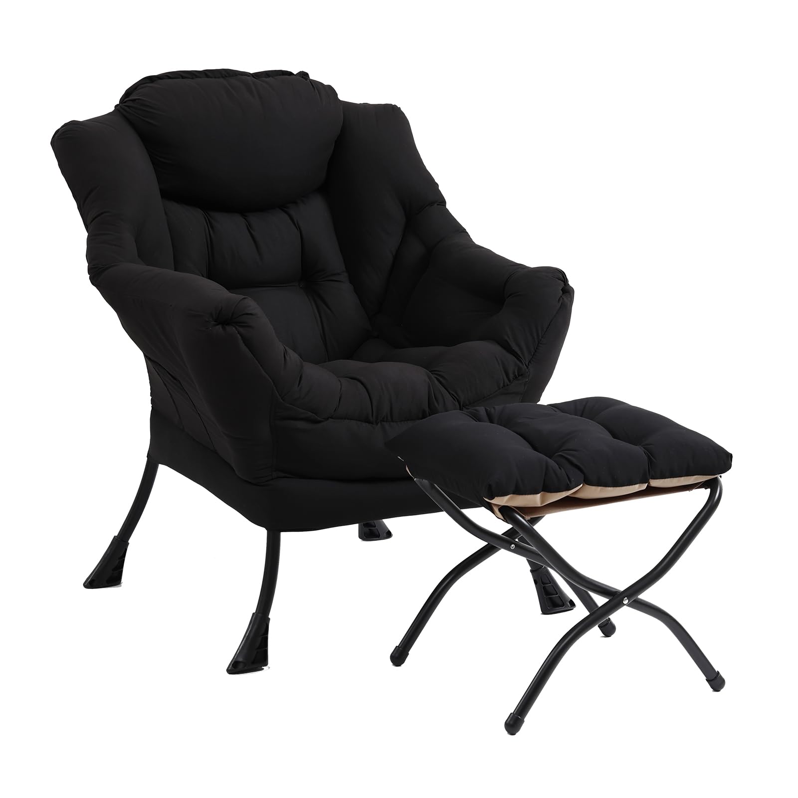 Furlide Lazy Chair with Ottoman, Modern Accent Chair with Armrests and a Side Pocket, Black Accent Chairs, Reading Chairs, Oversized Armchairs for Bedroom, Study, Living Room, Courtyard