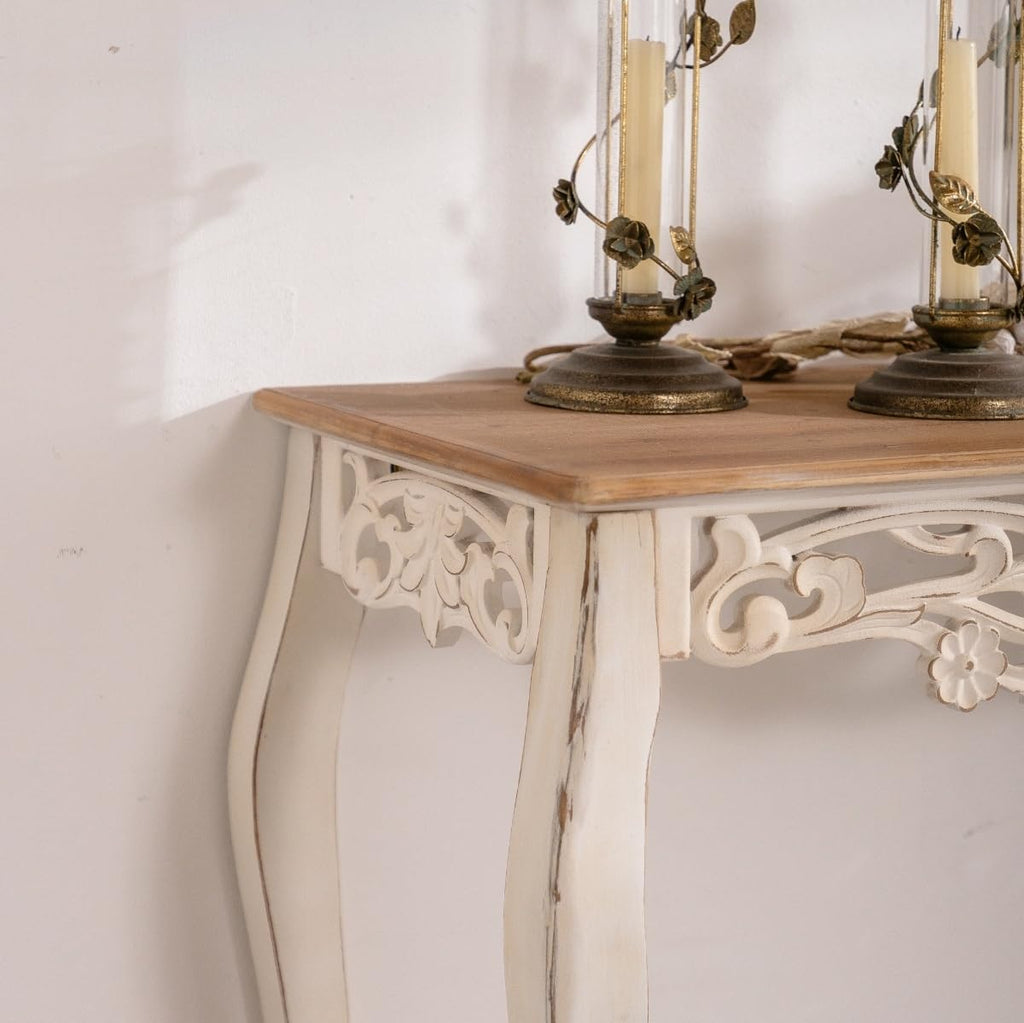 43.31” Vintage Antique Console Table, Weathered Wash Vintage French Country Entry Table with Wood Carvings for Hallway, Living Room, Victorian Style, Natural Wood