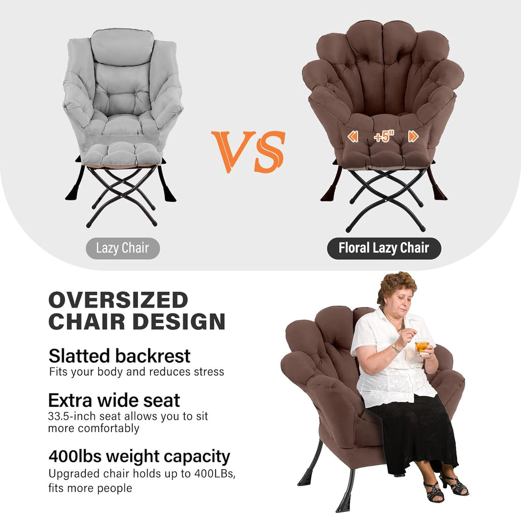 Furlide Floral Lazy Chair with Folding Ottoman, Dark Brown Oversized Accent Chair for Indoor & Outdoor