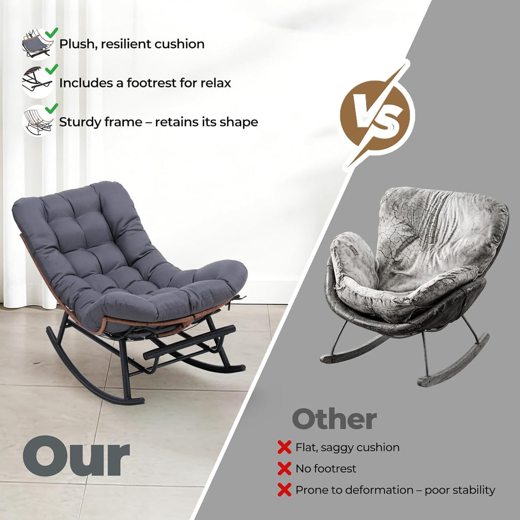COMHOMA Outdoor Rocking Papasan Chair, Oversized Wicker Patio Rocker, Indoor Comfy Wicker Reading Lounge, Bed-Like Comfort Egg Chair for Bedroom,Balcony, Porch, Garden, Grey