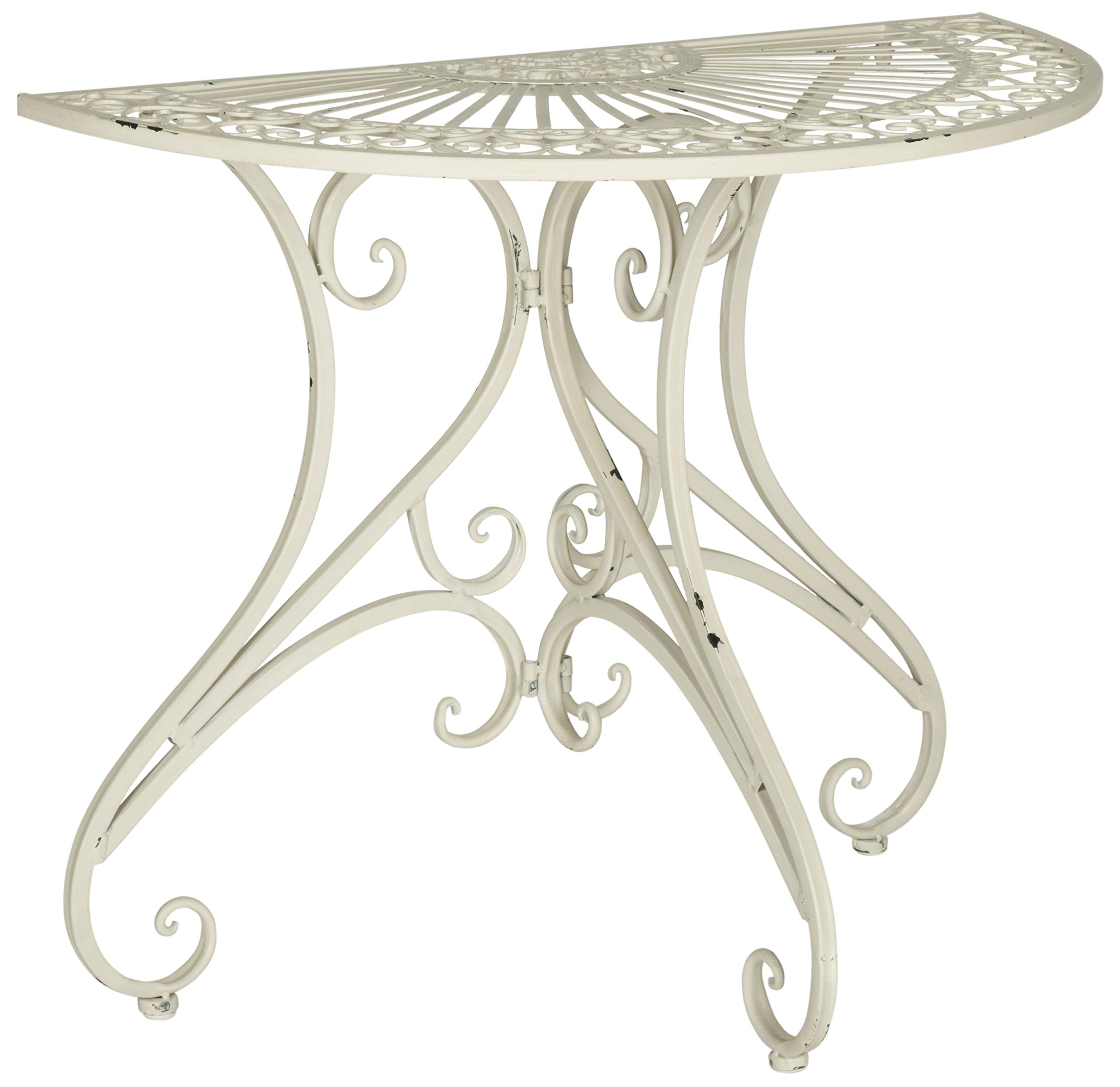 SAFAVIEH Outdoor - Annalise Half-Moon Accent Table - Rustic Brown Iron Metal - Vintage Baroque Scrollwork - Ideal for Patio, Deck, Porch, Garden, 35.5" W x 18.5" D x 29" H (PAT5008B)
