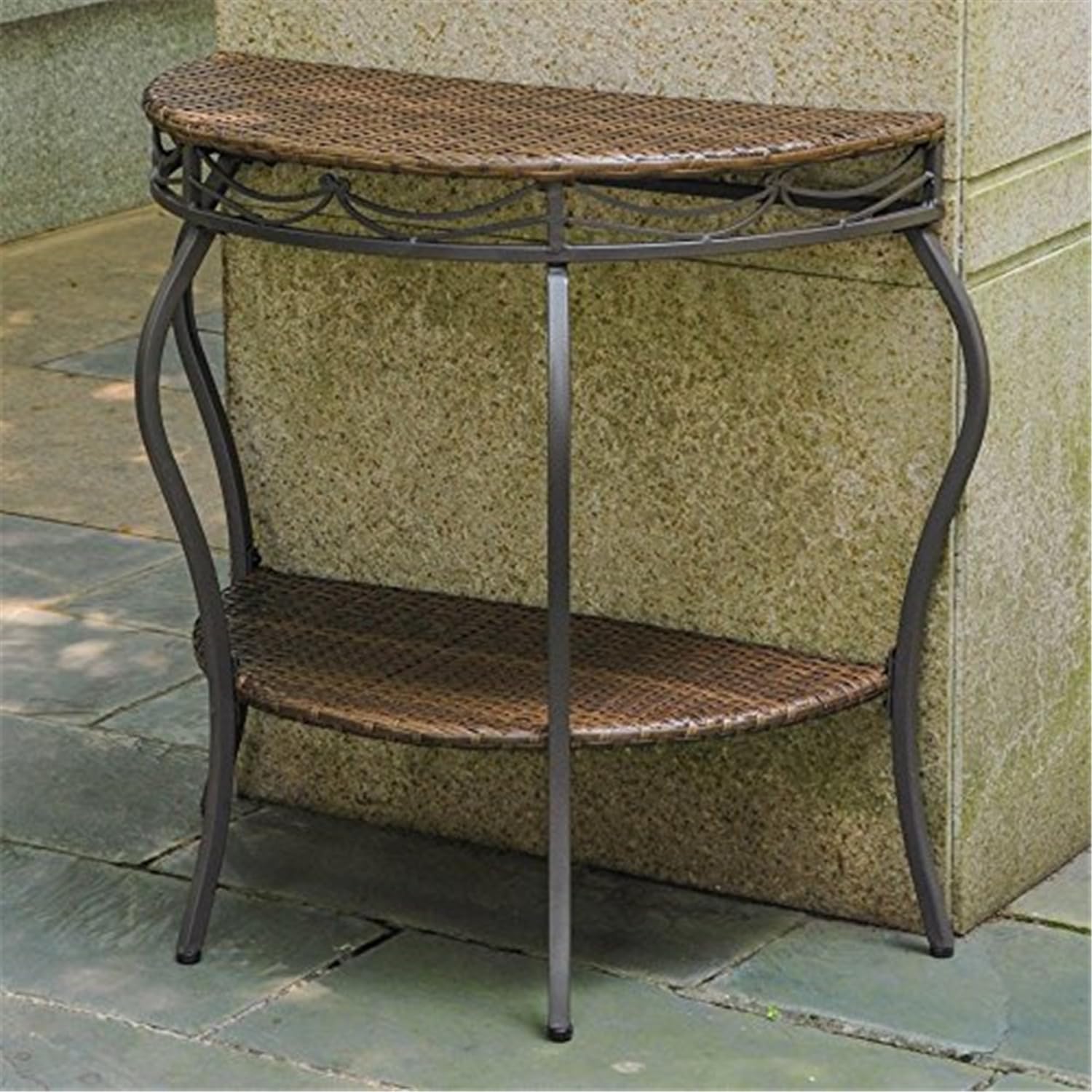 Maykoosh Victorian Half Moon Wall Table - Indoor Outdoor Decor - Antique Brown Wicker & Steel Console Table