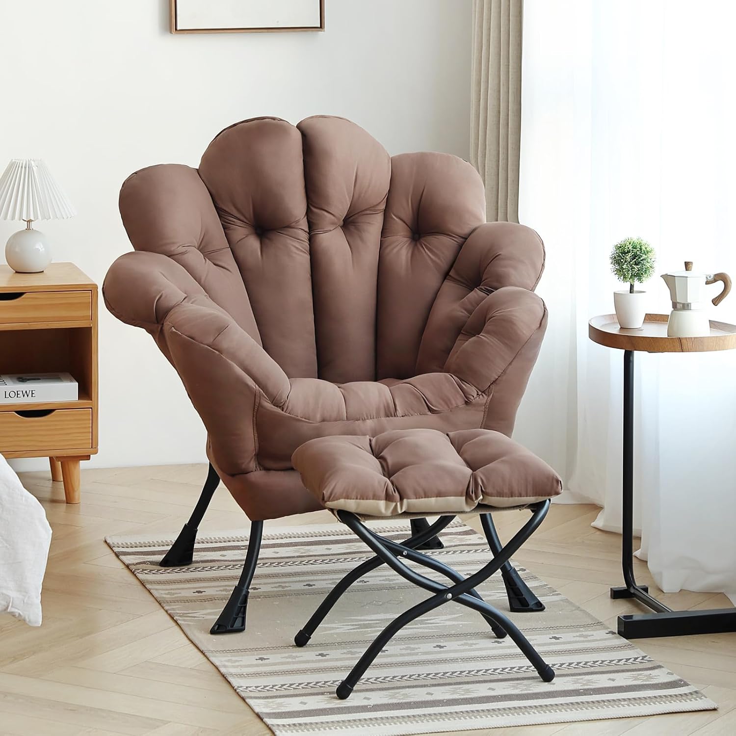 Furlide Floral Lazy Chair with Folding Ottoman, Dark Brown Oversized Accent Chair for Indoor & Outdoor