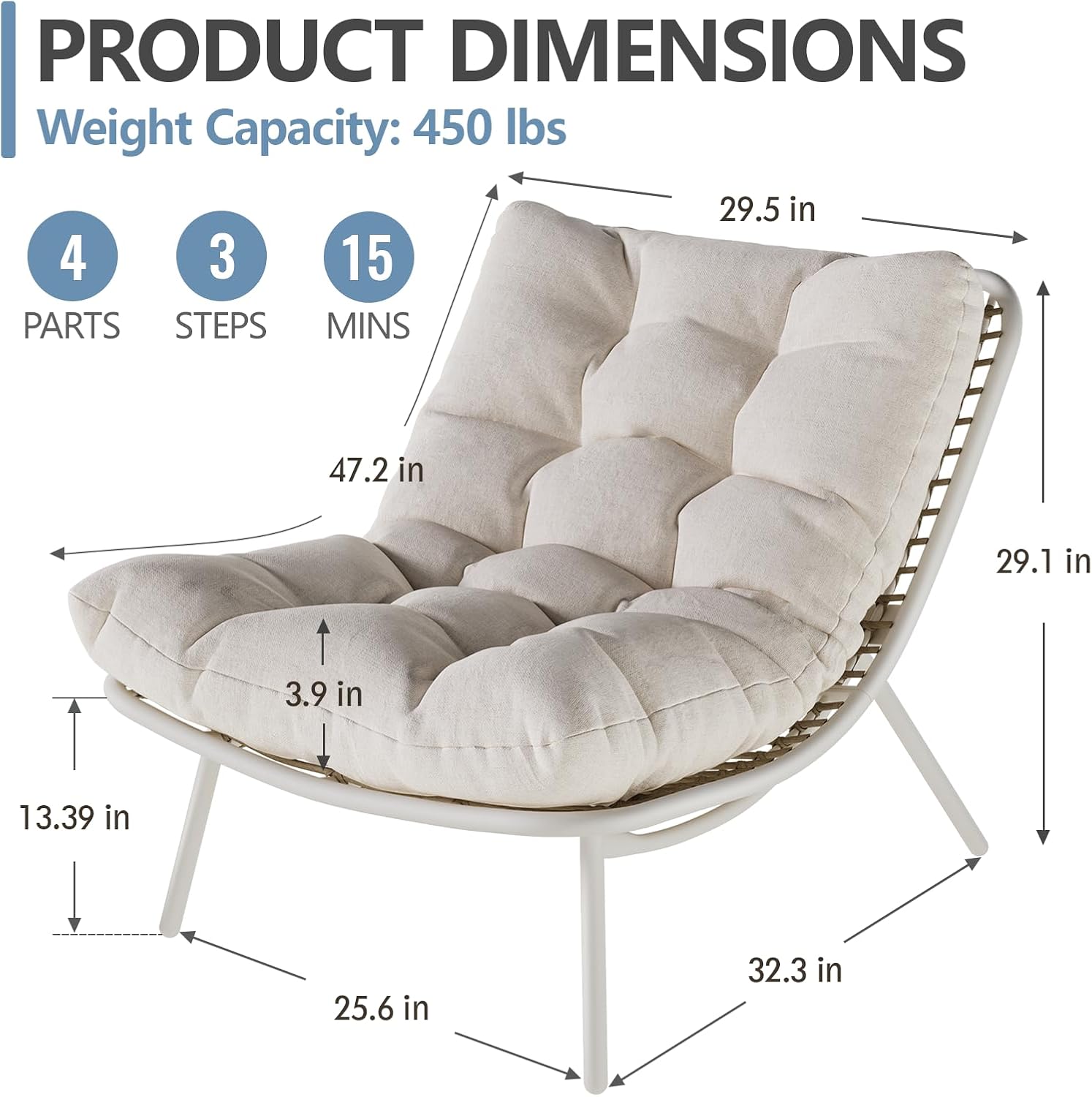 SWITTE Wicker Chaise Lounge Chair, Outdoor Papasan Recliner with Thick Cushion, Low Seat Patio Chair for Balcony, Backyard, Poolside - Cream
