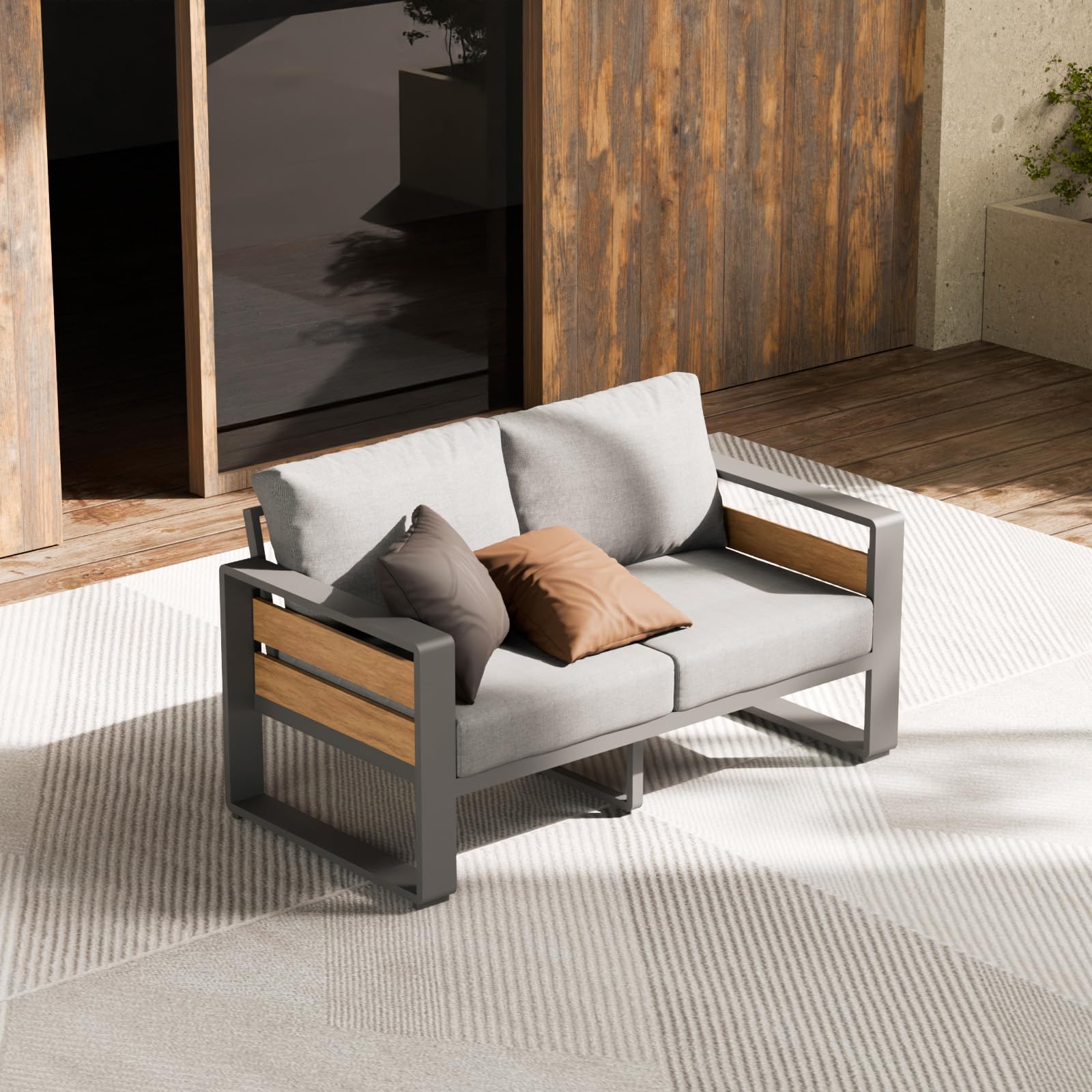 ZANDOR Outside Aluminum Lawn Furniture - 1 Pcs Loveseat, All-Weather Metal Modern Outdoor Loveseat Sofa with Washable Thick Cushion for Garden/Backyard/Porch, Silver