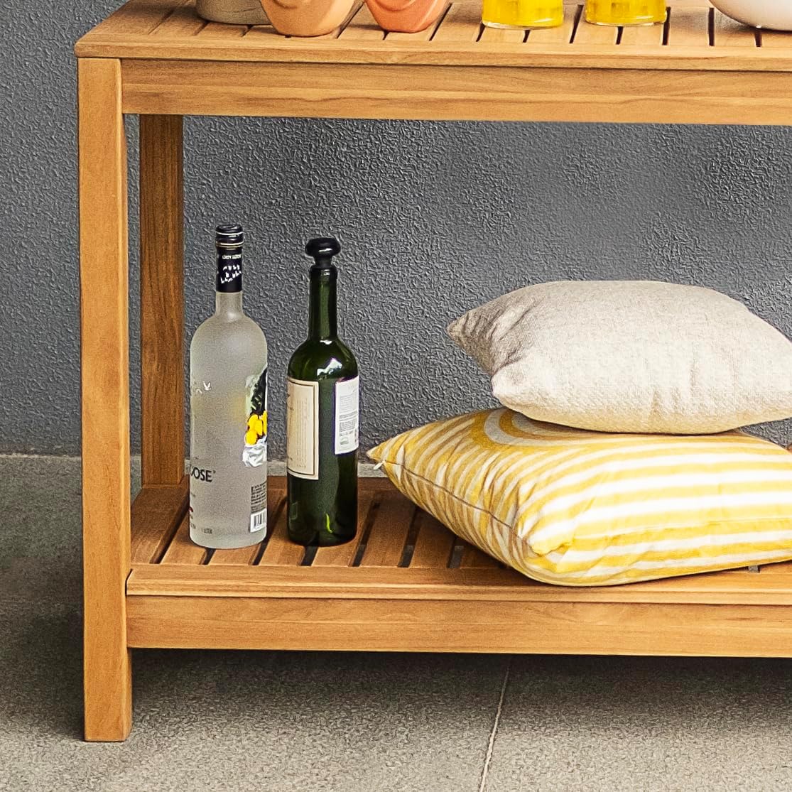 Cambridge Casual Logan Solid Teak Wood Outdoor Console Table – Narrow Garden Table with Bottom Shelf for Patio, Deck, or Poolside – Premium Weather-Resistant