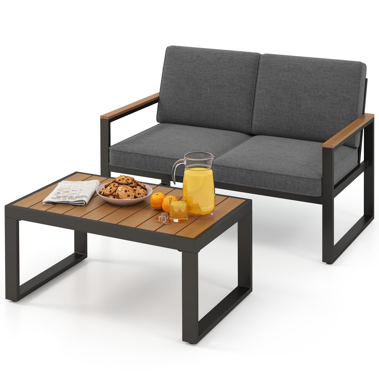Tangkula 2 Piece Patio Furniture Set, Outdoor Loveseat Chair Set with Seat Back Cushions & Waist Pillows, Tempered Glass Coffee Table, Heavy-Duty Metal Sofa Set for Yard Garden Balcony Poolside