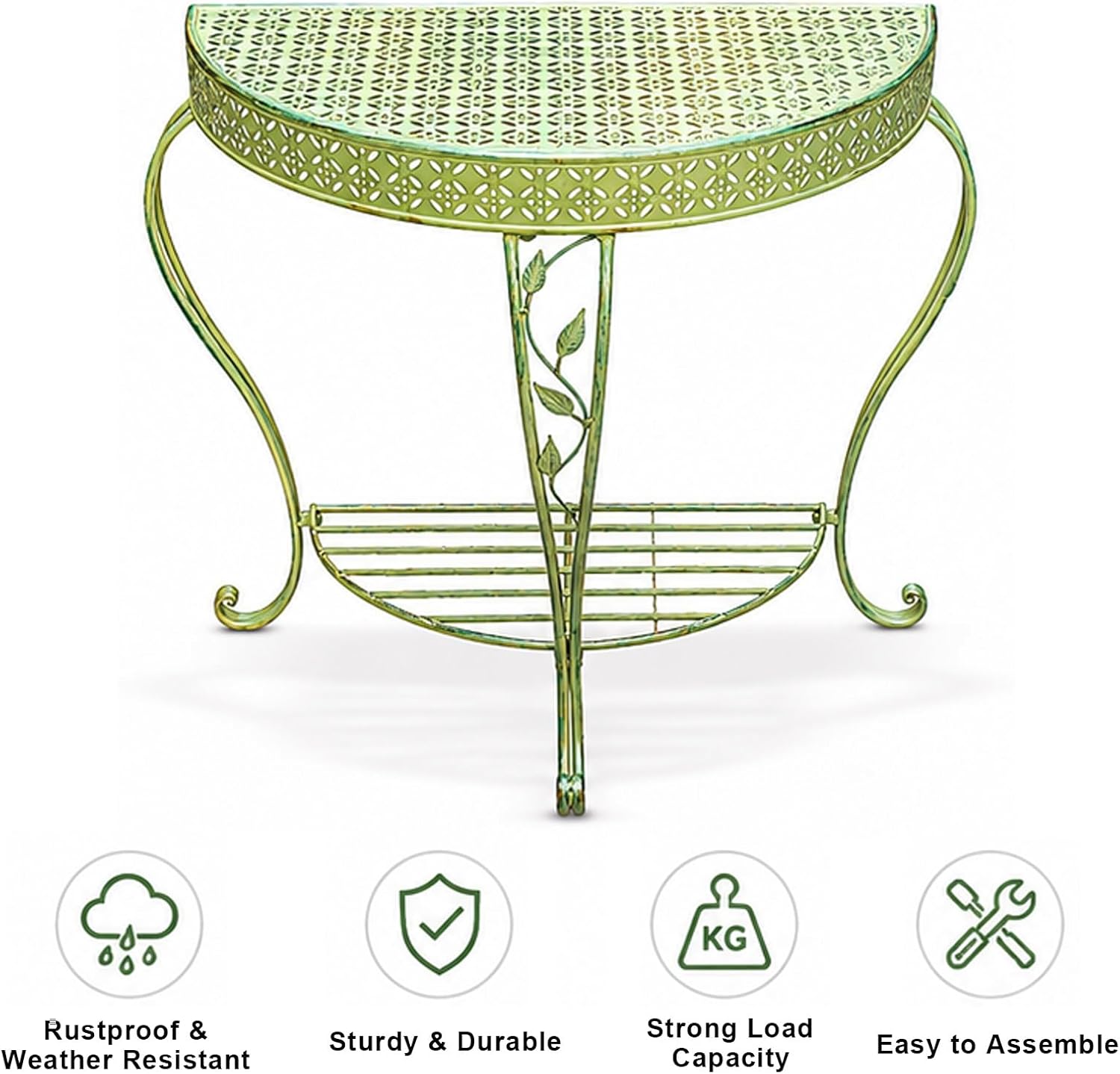 Outdoor Metal Console Table for Entryway, Half Moon Patio Accent Table with Storage Shelf, Rustic Vintage Sofa Desk for Front Porch, Balcony, Garden, Hallway(Green)