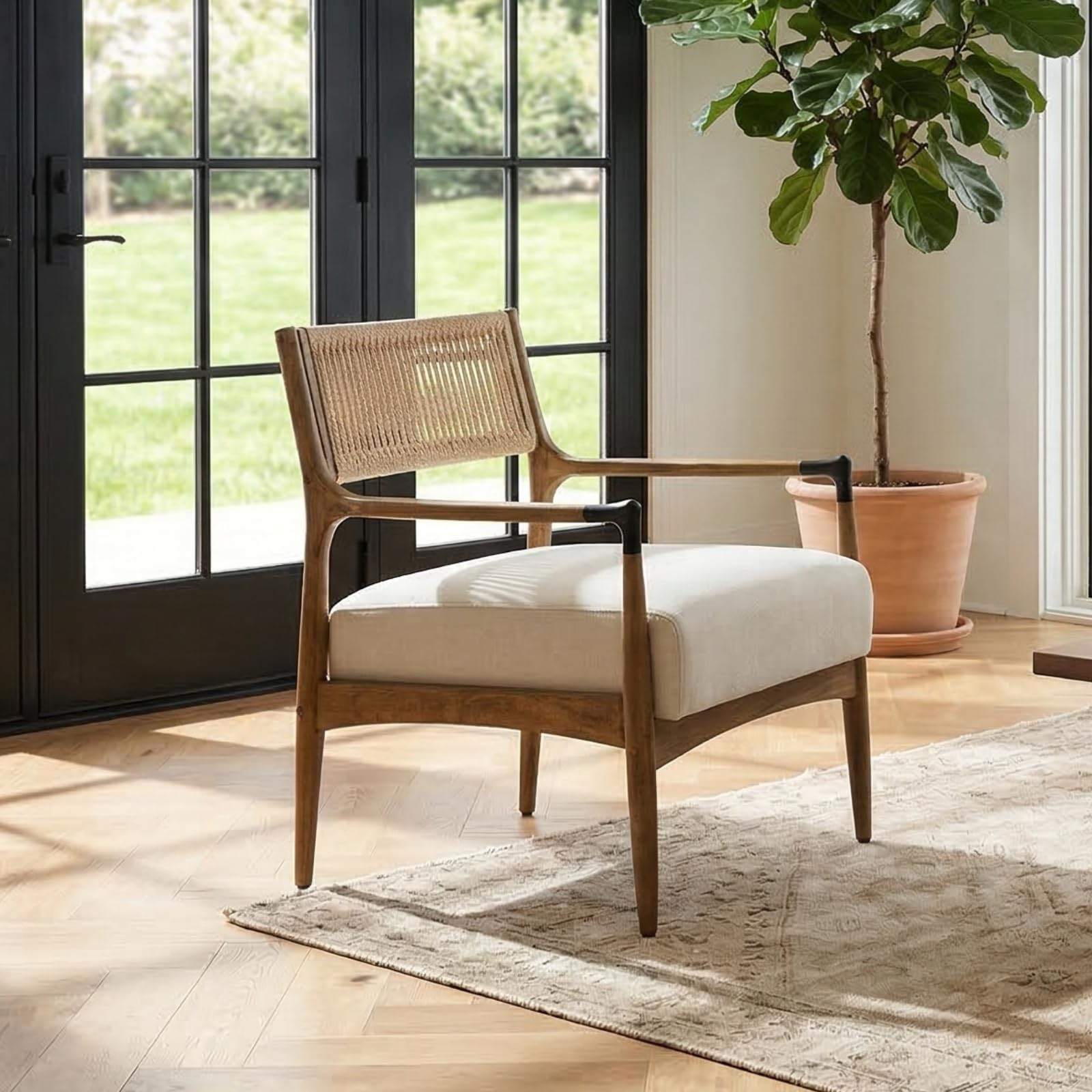 Ya-Home Mid-Century Modern Accent Chair with Woven Rope Back, Upholstered Linen Fabric Armchair with Solid Wood Frame for Living Room Bedroom, 1PC, Patterned