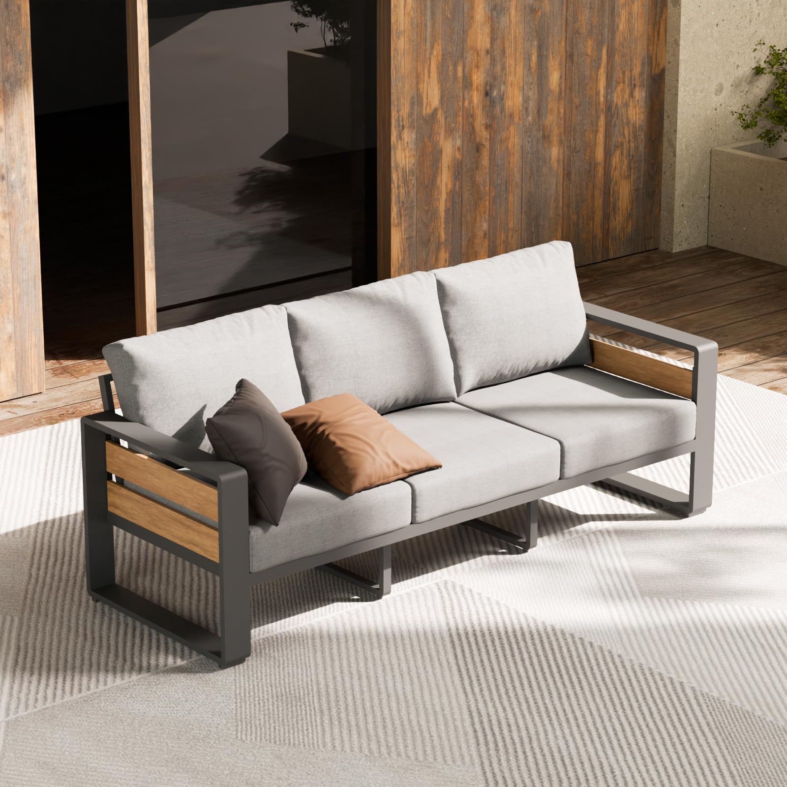ZANDOR Outside Aluminum Lawn Furniture - 1 Pcs Loveseat, All-Weather Metal Modern Outdoor Loveseat Sofa with Washable Thick Cushion for Garden/Backyard/Porch, Silver