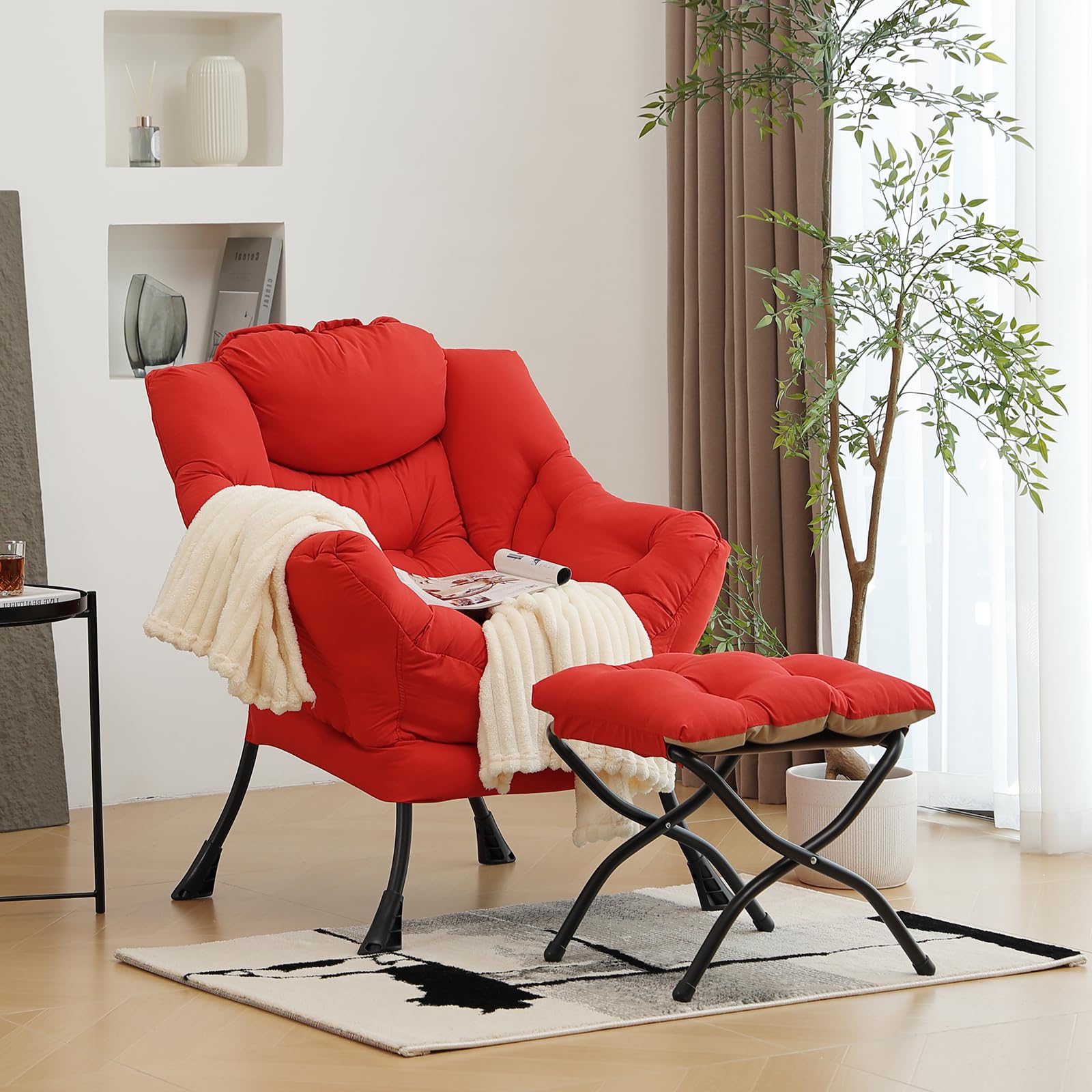 Furlide Lazy Chair with Ottoman, Modern Accent Chair with Armrests and a Side Pocket, Orange Accent Chairs, Reading Chairs, Oversized Armchairs for Bedroom, Study, Living Room, Courtyard