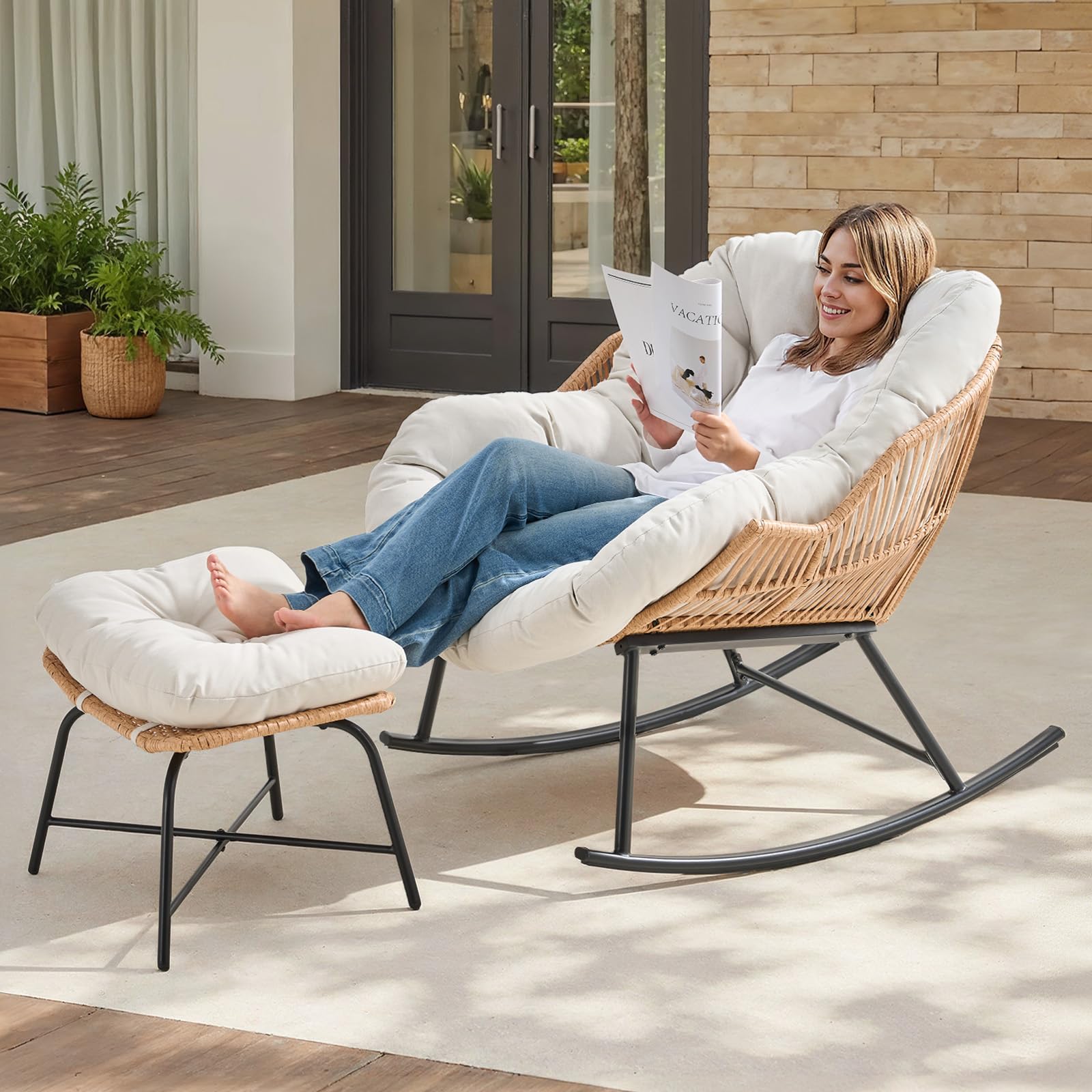 ONBRILL Papasan Rocking Chair with Ottoman,Oversized Papasan Chair with Padded Cushion, Indoor & Outdoor Rocker Chair for Living Room, Patio, Garden, Beige