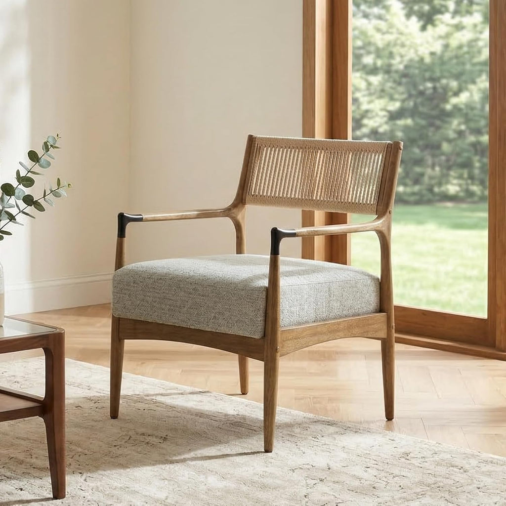Ya-Home Mid-Century Modern Accent Chair with Woven Rope Back, Upholstered Linen Fabric Armchair with Solid Wood Frame for Living Room Bedroom, 1PC, Patterned