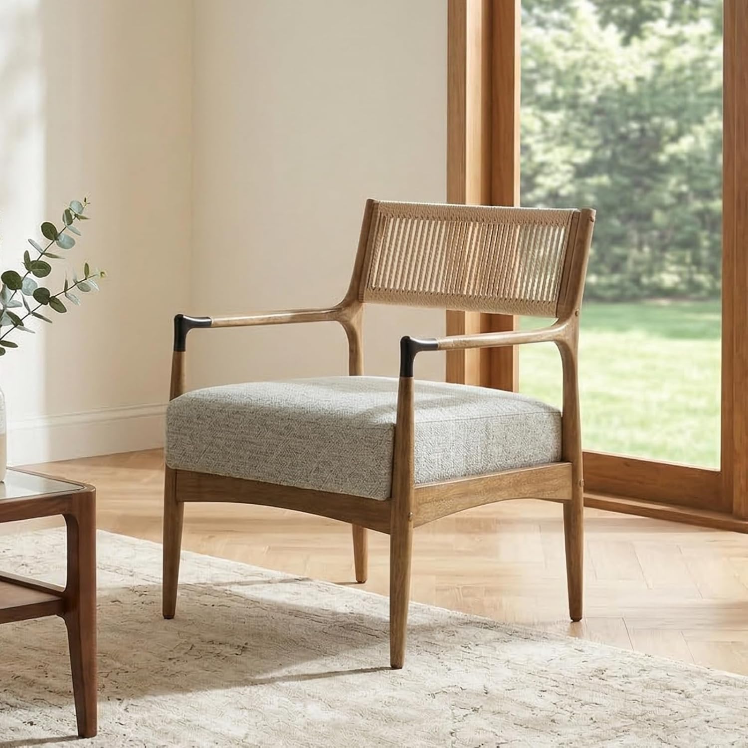 Ya-Home Mid-Century Modern Accent Chair with Woven Rope Back, Upholstered Linen Fabric Armchair with Solid Wood Frame for Living Room Bedroom, 1PC, Patterned