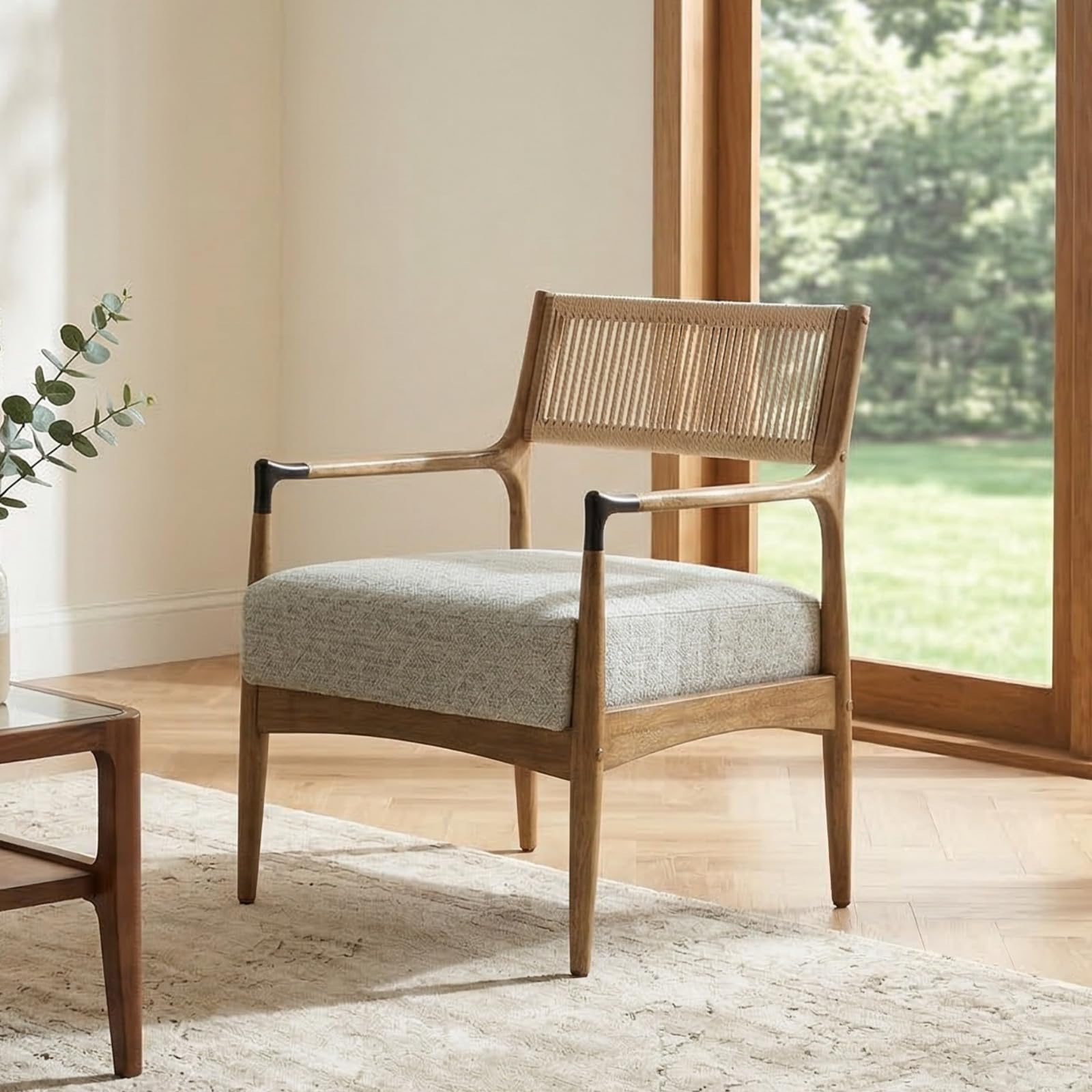 Ya-Home Mid-Century Modern Accent Chair with Woven Rope Back, Upholstered Linen Fabric Armchair with Solid Wood Frame for Living Room Bedroom, 1PC, Patterned