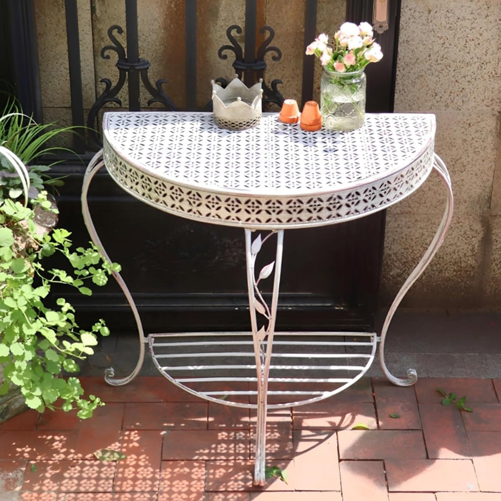 Outdoor Metal Console Table for Entryway, Half Moon Patio Accent Table with Storage Shelf, Rustic Vintage Sofa Desk for Front Porch, Balcony, Garden, Hallway(Green)