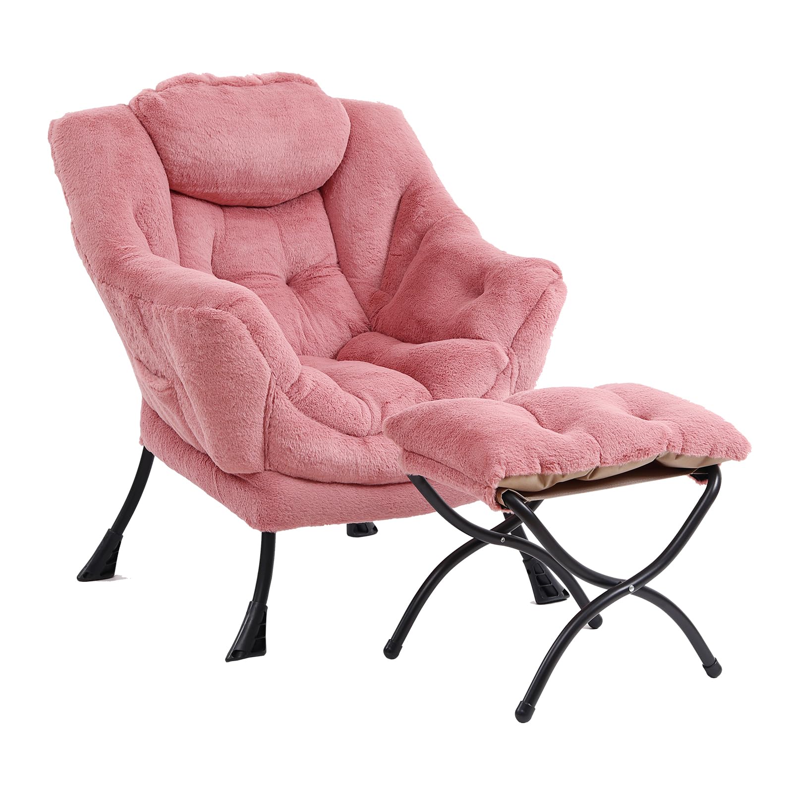 Furlide Lazy Chair with Ottoman, Modern Accent Chair with Armrests and a Side Pocket, Orange Accent Chairs, Reading Chairs, Oversized Armchairs for Bedroom, Study, Living Room, Courtyard