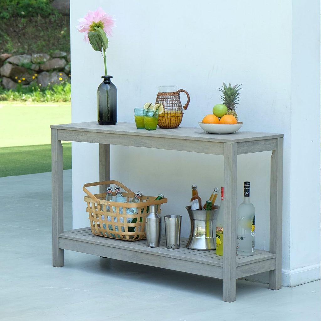 Solid Mahogany Outdoor Console Table – Weathered Gray Finish – Narrow Rustic Patio Accent Table for Porch, Deck, or Garden