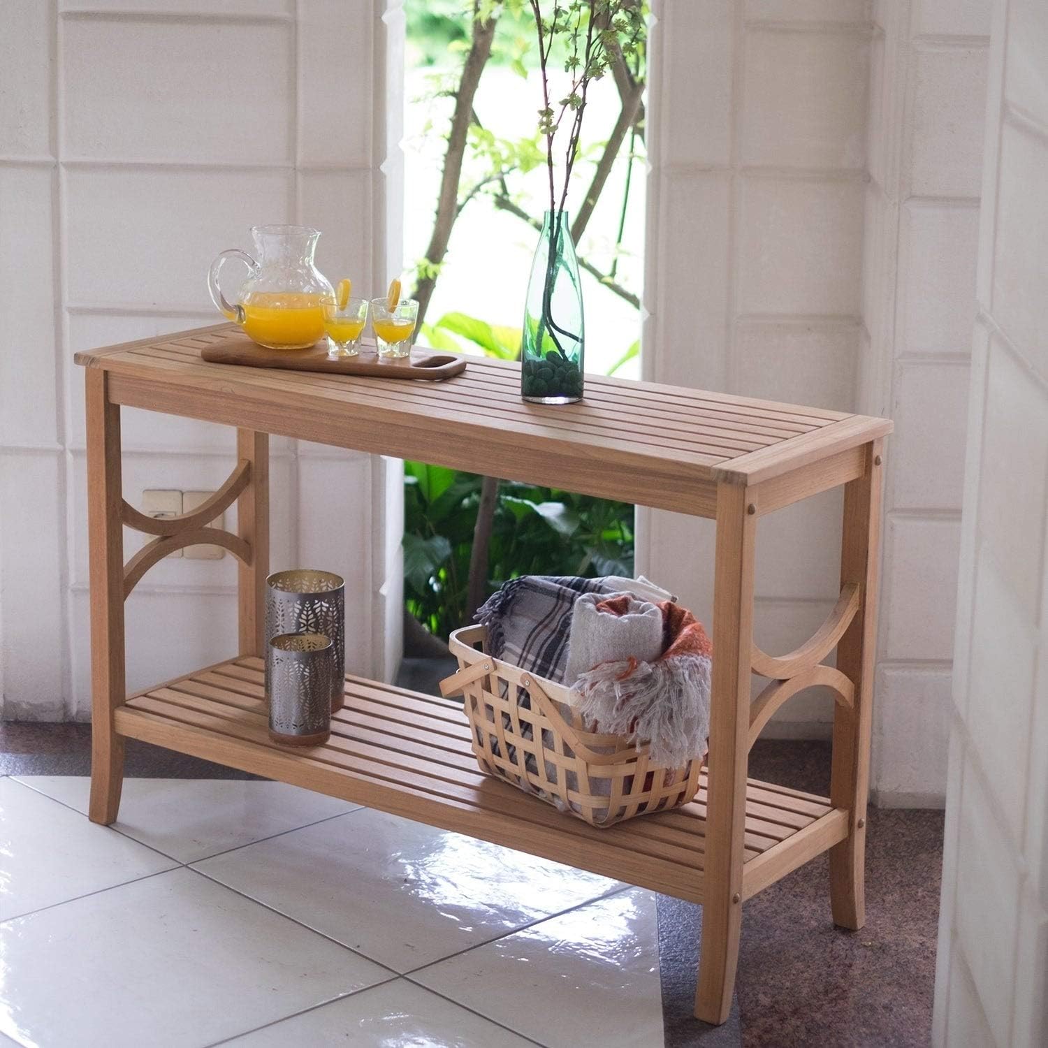 Teak Patio Console Table Brown Farmhouse Rectangle Wood Finish Weather Resistant