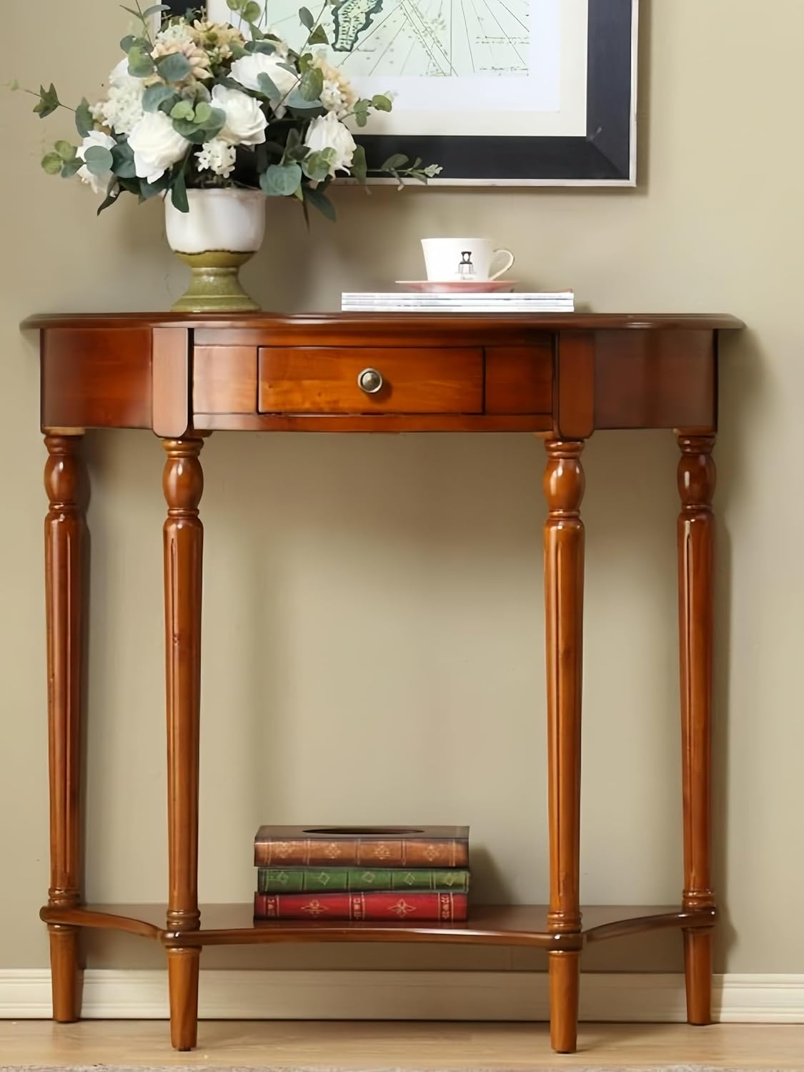 Solid Wood Console Table with Drawer, Semi-Circle Entryway Storage Shelf, Half-Moon Porch Table Side Elegant Vintage Sofa for Living Room (23.6" L x 11.8" W x 31.5" H)