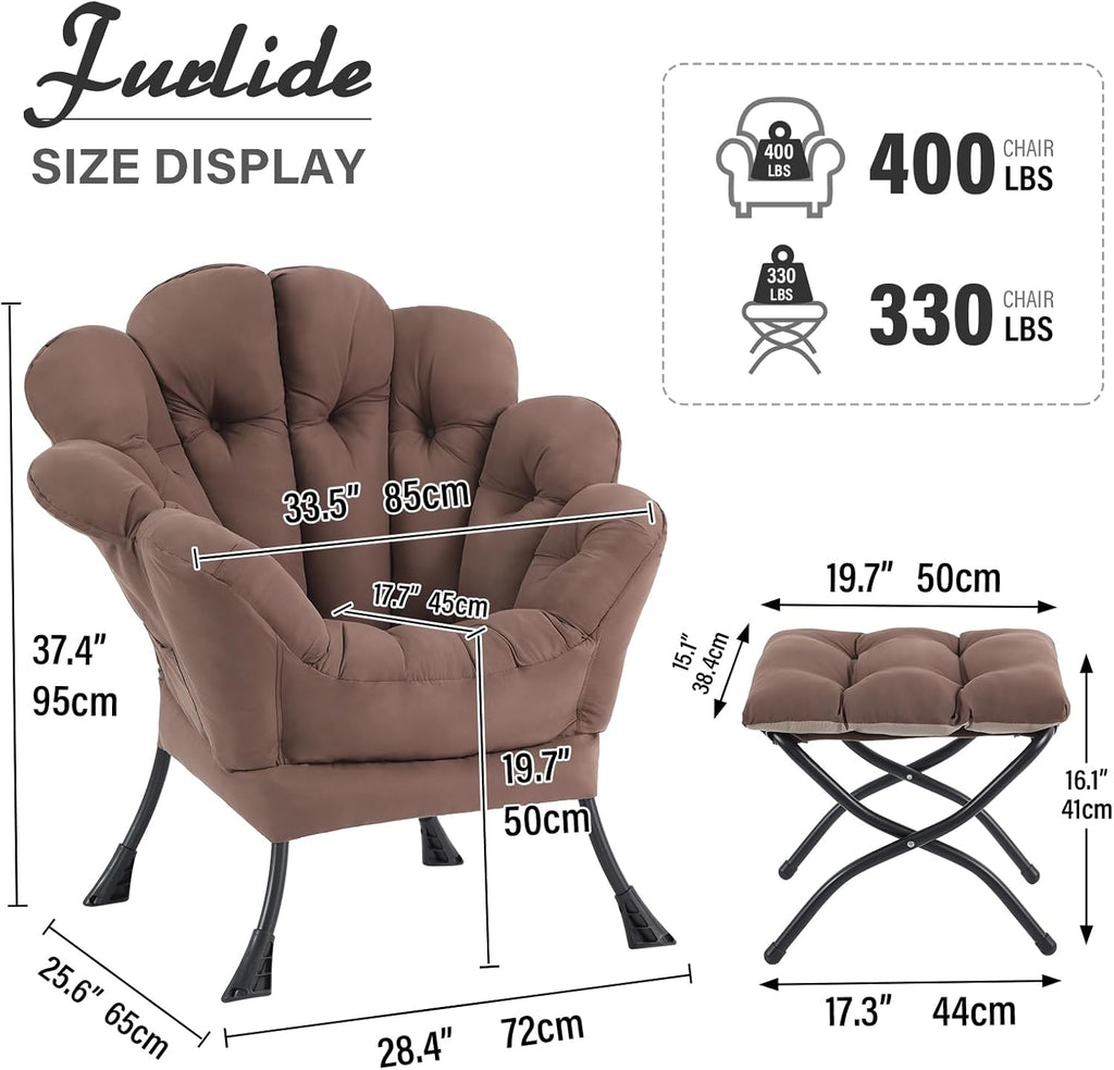 Furlide Floral Lazy Chair with Folding Ottoman, Dark Brown Oversized Accent Chair for Indoor & Outdoor